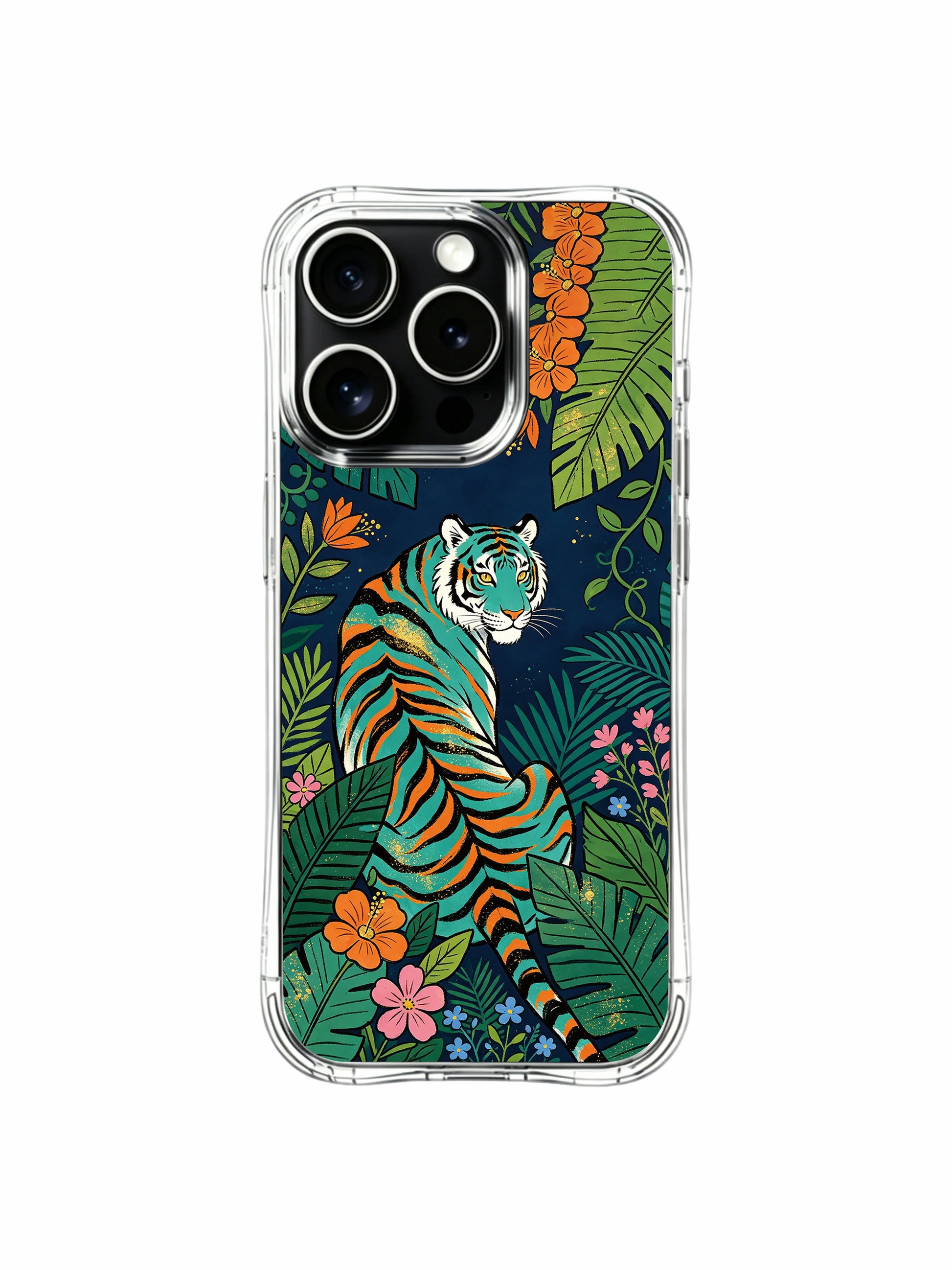 Handcrafted artist-designed iPhone 13 pro Case by PhoneCasing, mystical dreamscape turning teal tiger amid layered tropical foliage durable phone cover, multi-tonal hibiscus detailed luxury wearable art casing