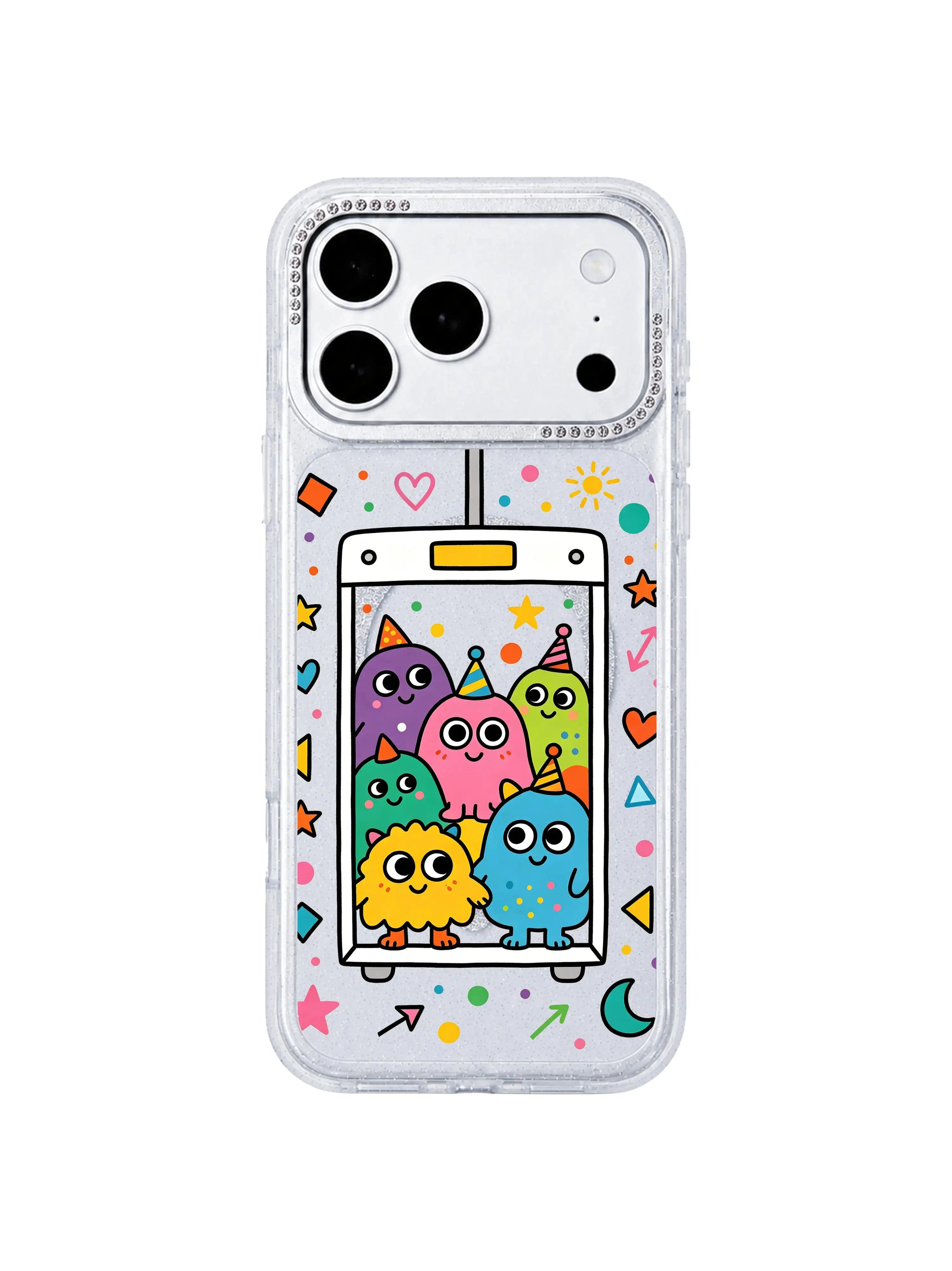 PhoneCasing dual-angle carousel overview graphic of Dream Lift Monster Crew iPhone 17 Pro Max case, combining front central elevator artwork and rhinestone frame shots for Shopify product carousel slides of the iPhone 17 Pro Max casing