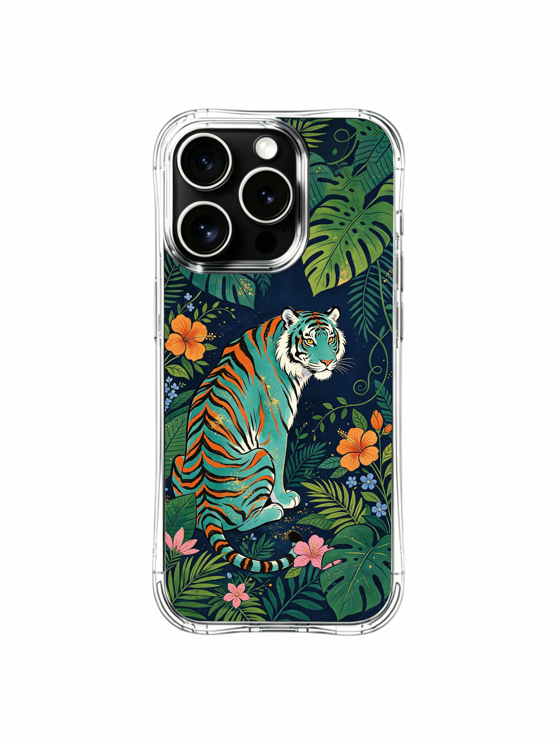 Dream-centric symbolic mystic teal tiger celebrating imaginative freedom iPhone 13 pro Case by PhoneCasing, layered multi-shade tropical foliage detailed phone cover, California atelier manufactured premium casing