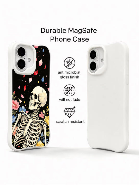 PhoneCasing dark aesthetic dream wake skeleton iPhone 16 Case, vintage hand-drawn falling petal goth floral design, fade resistant anti-drop protective iPhone 16 cover