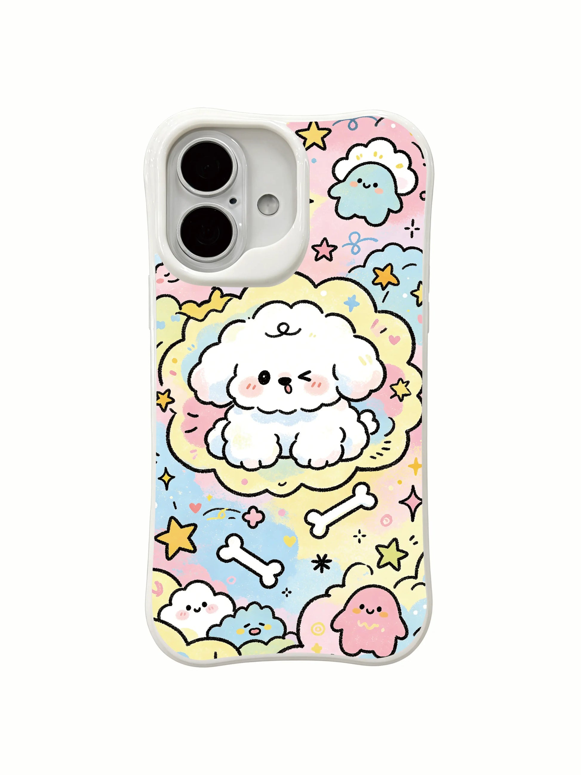 PhoneCasing dreamland puppy iPhone 16 Plus Case, Milo Yun’s Cloud Dog Dreamland with whimsical stars and moon art.