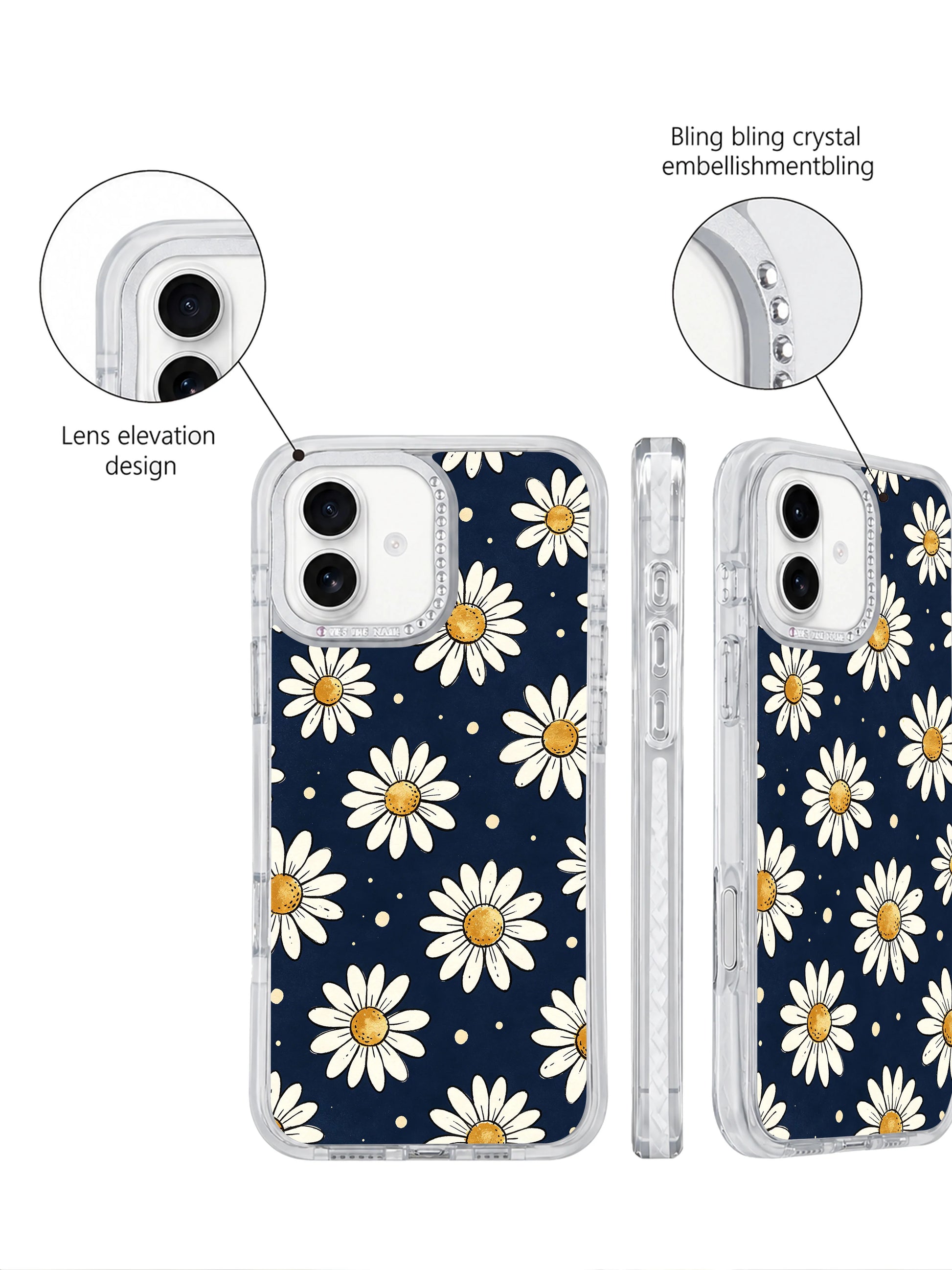 PhoneCasing dreamy airy nightscape wearable art iPhone 17 casing Midnight Daisy Drift, soft floating daisies scattered across calm midnight blue by artist Solea Meadow, sophisticated low-key luxury for art-focused female shoppers.