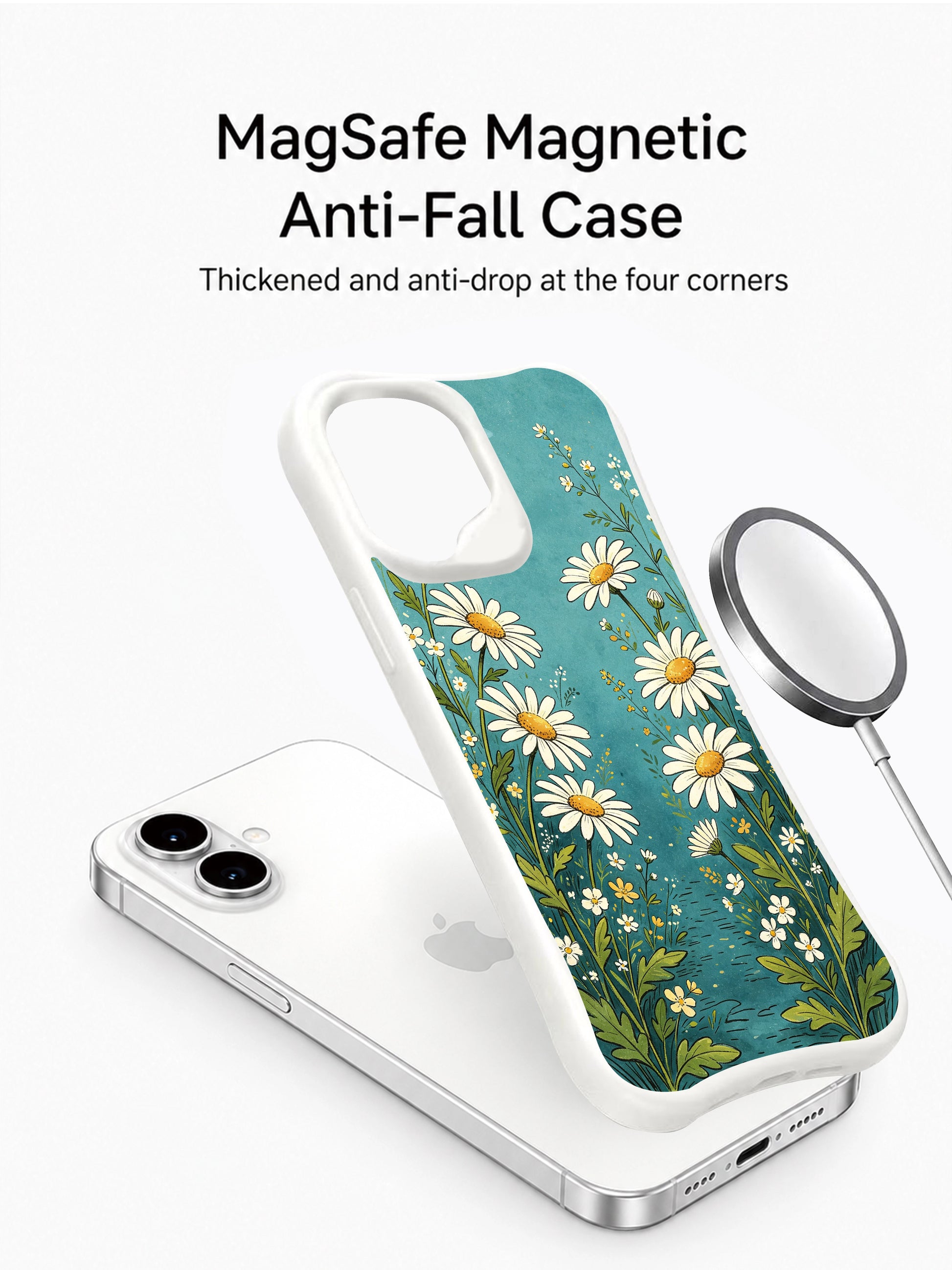 PhoneCasing dreamy blue floral trail iPhone 16 Plus Case, fantasy daisy artwork with bright vivid colors for daily use.