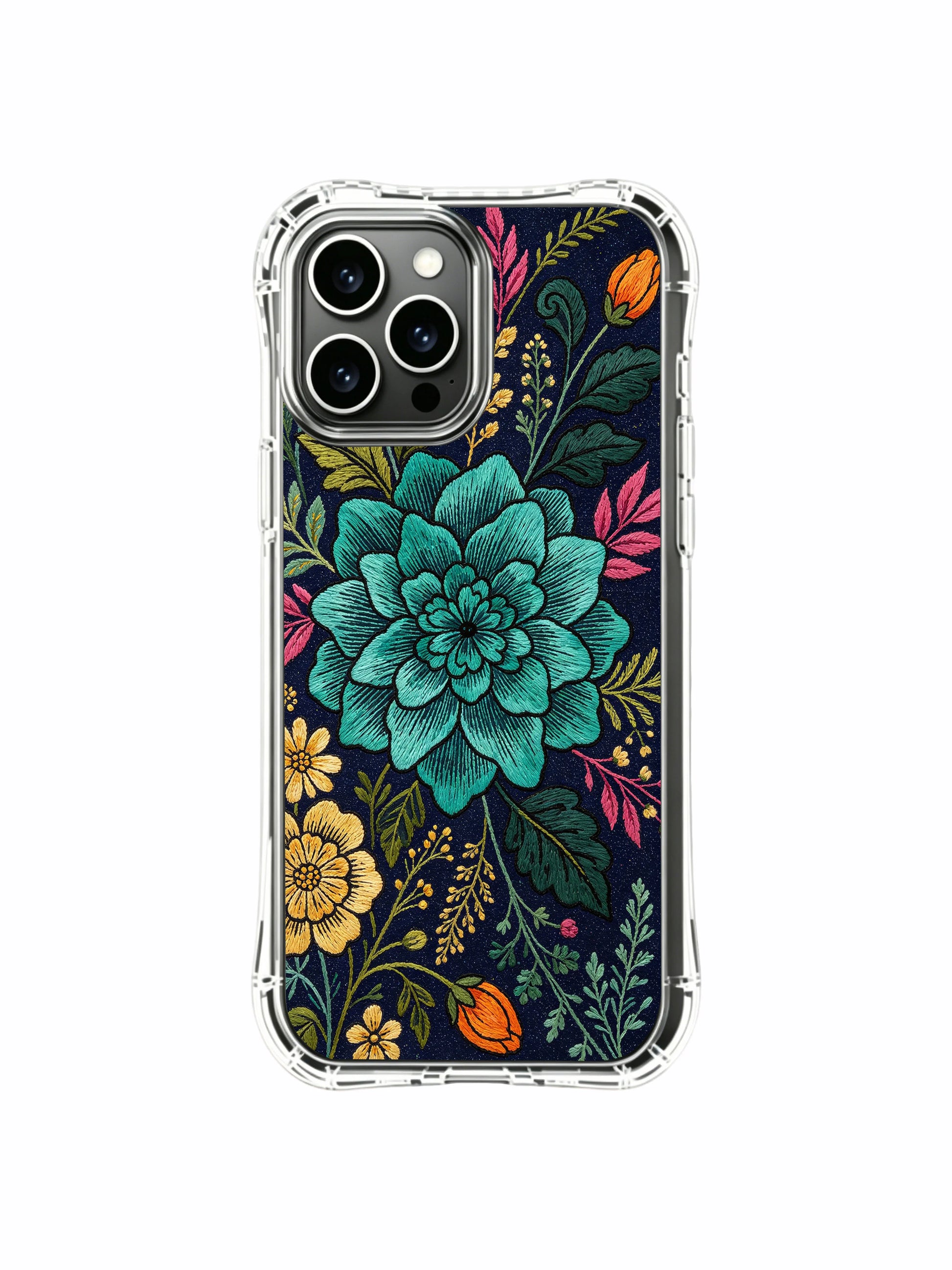 PhoneCasing iPhone 16 Pro Max Case with dreamy night flower art. Teal bloom tapestry style, aesthetic illustrated case for everyday wear