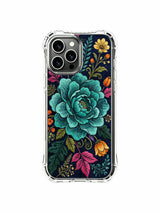 PhoneCasing iPhone 16 Pro Max Case featuring a dreamy teal flower design. Embroidered night garden style, vibrant art print for your device.