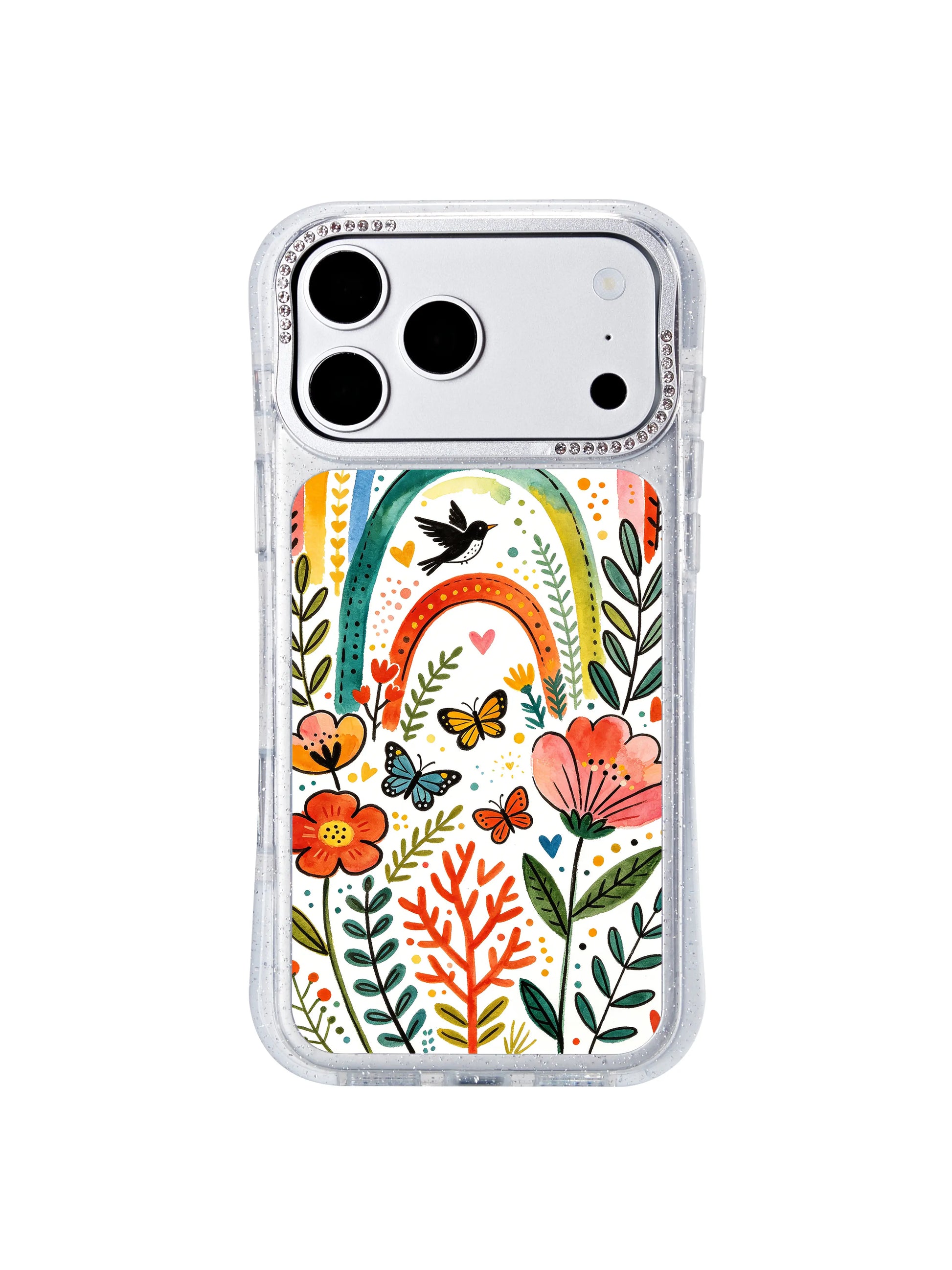 PhoneCasing heavy-duty drop-resistant iphone 17 pro Max casing drop demonstration, thickened silicone bumper corners shield device hardware while protecting the intricate hand-painted rainbow arch artwork from abrasion.