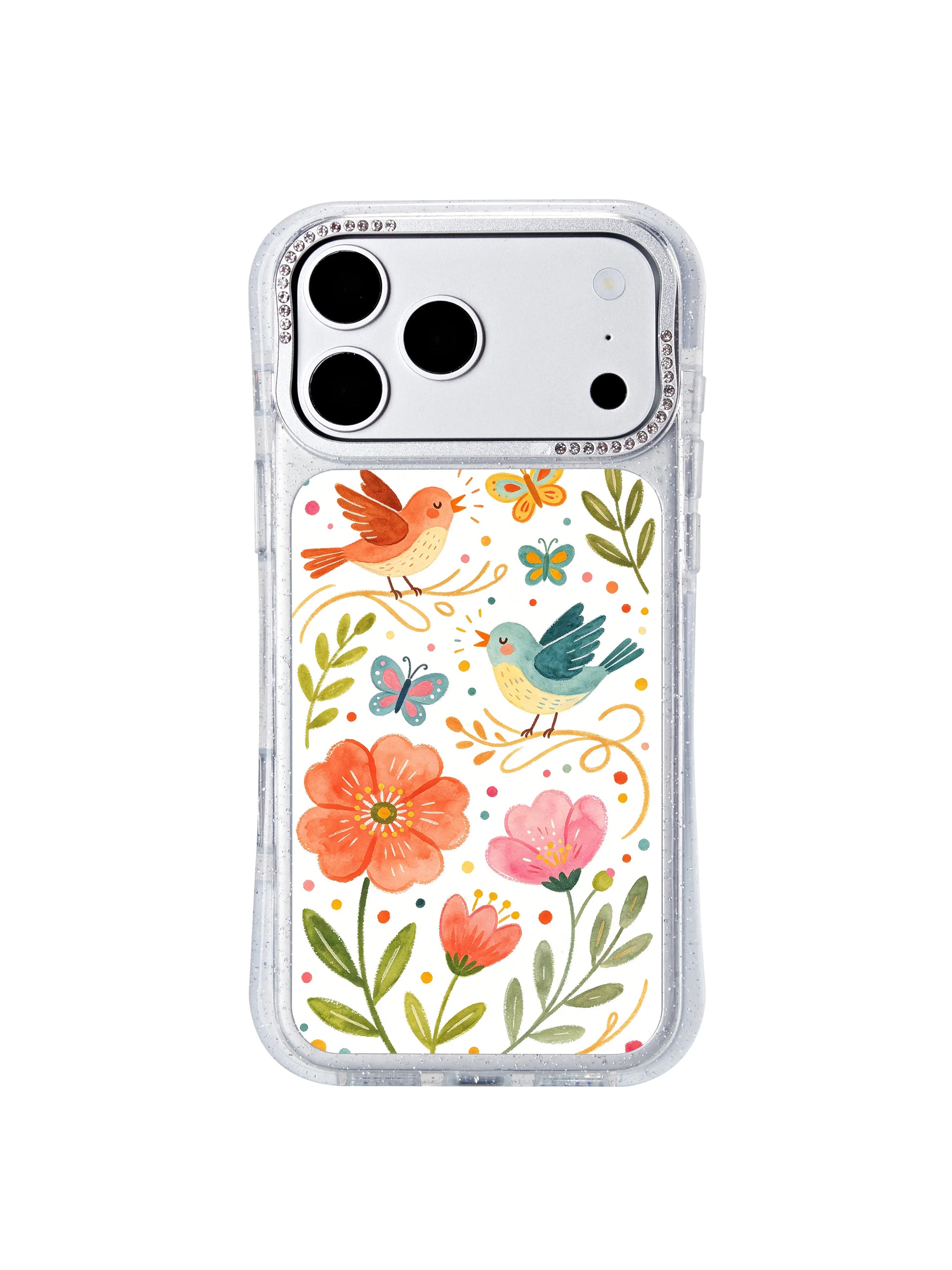 PhoneCasing heavy-duty drop shockproof iphone 17 pro Max casing drop demonstration, thickened silicone bumper corners shield device hardware while preserving the vivid White Garden Celebration watercolor artwork.