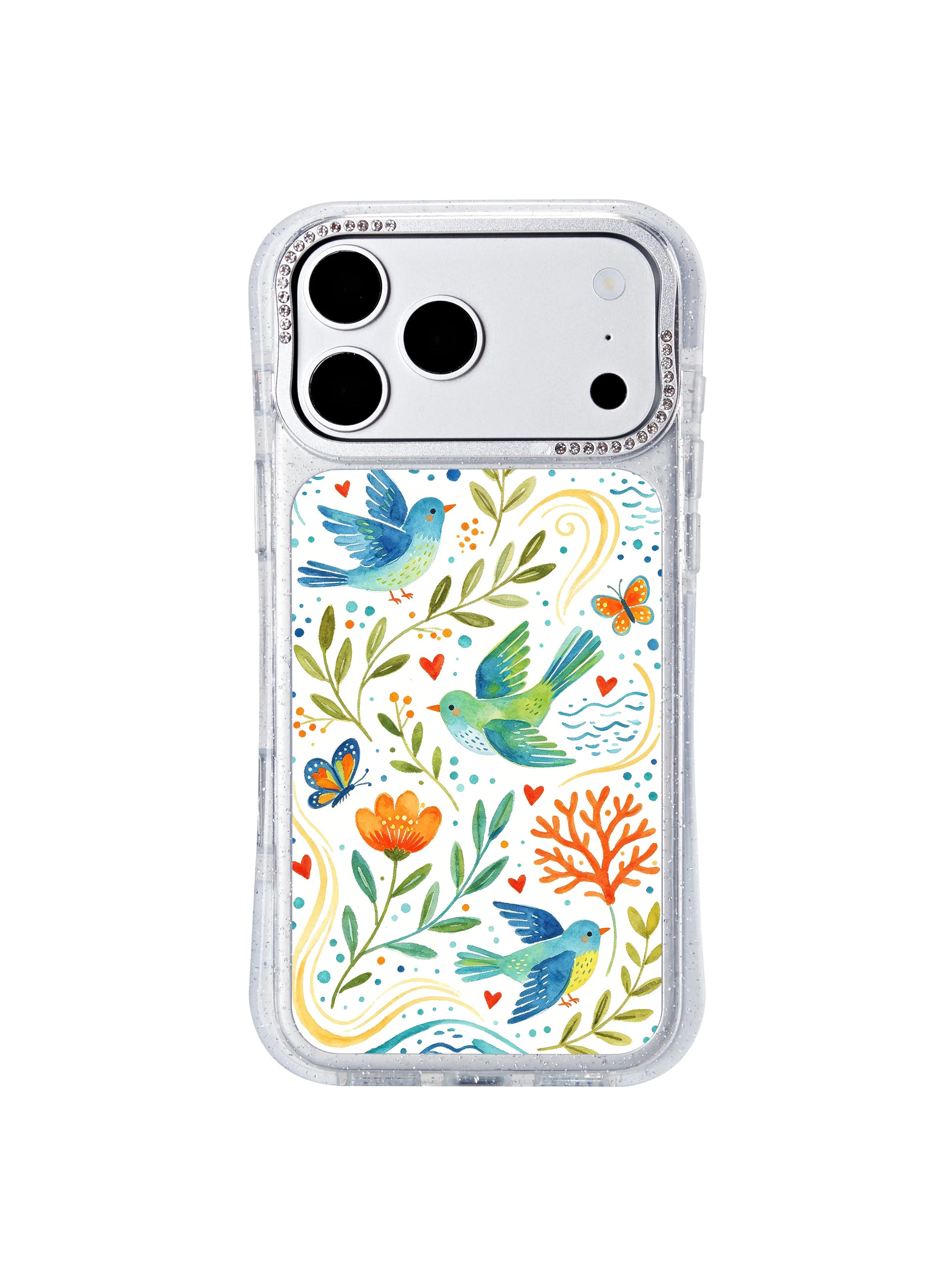 PhoneCasing heavy-duty drop shockproof iphone 17 pro Max casing drop demonstration, thickened silicone bumper corners shield device hardware while preserving the vivid coastal dot garden watercolor print.