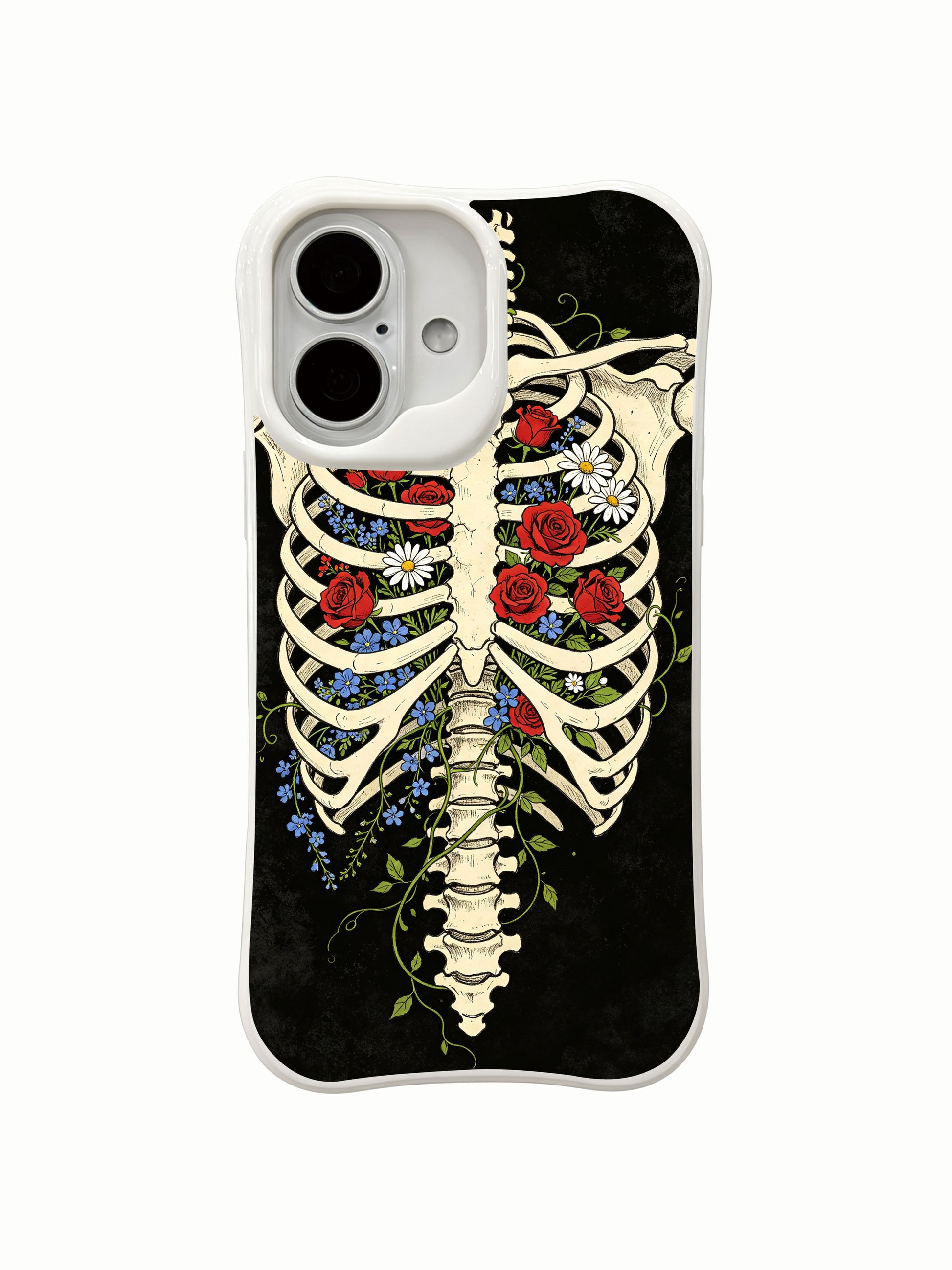 PhoneCasing drop test anti-break Black Greenhouse iPhone 16 Case, four-corner thickened shockproof full torso skeleton with inner multi-color flower design, impact resistant glossy finish iPhone 16 cover