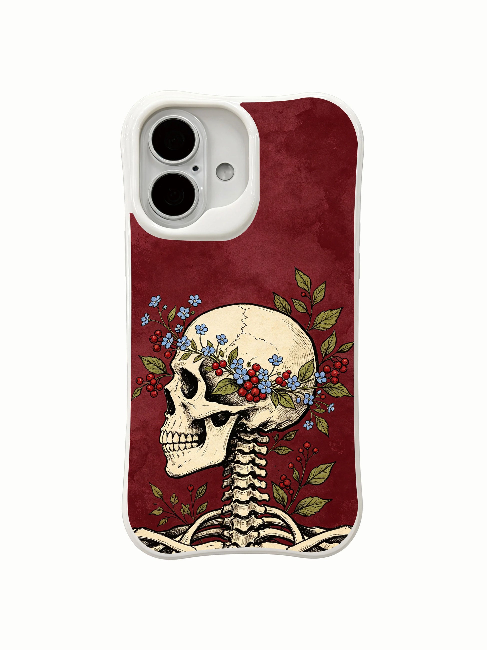 PhoneCasing drop test anti-break Forget-Me-Not Cranium iPhone 16 Case, four-corner thickened shockproof skull floral design, impact resistant glossy finish iPhone 16 cover