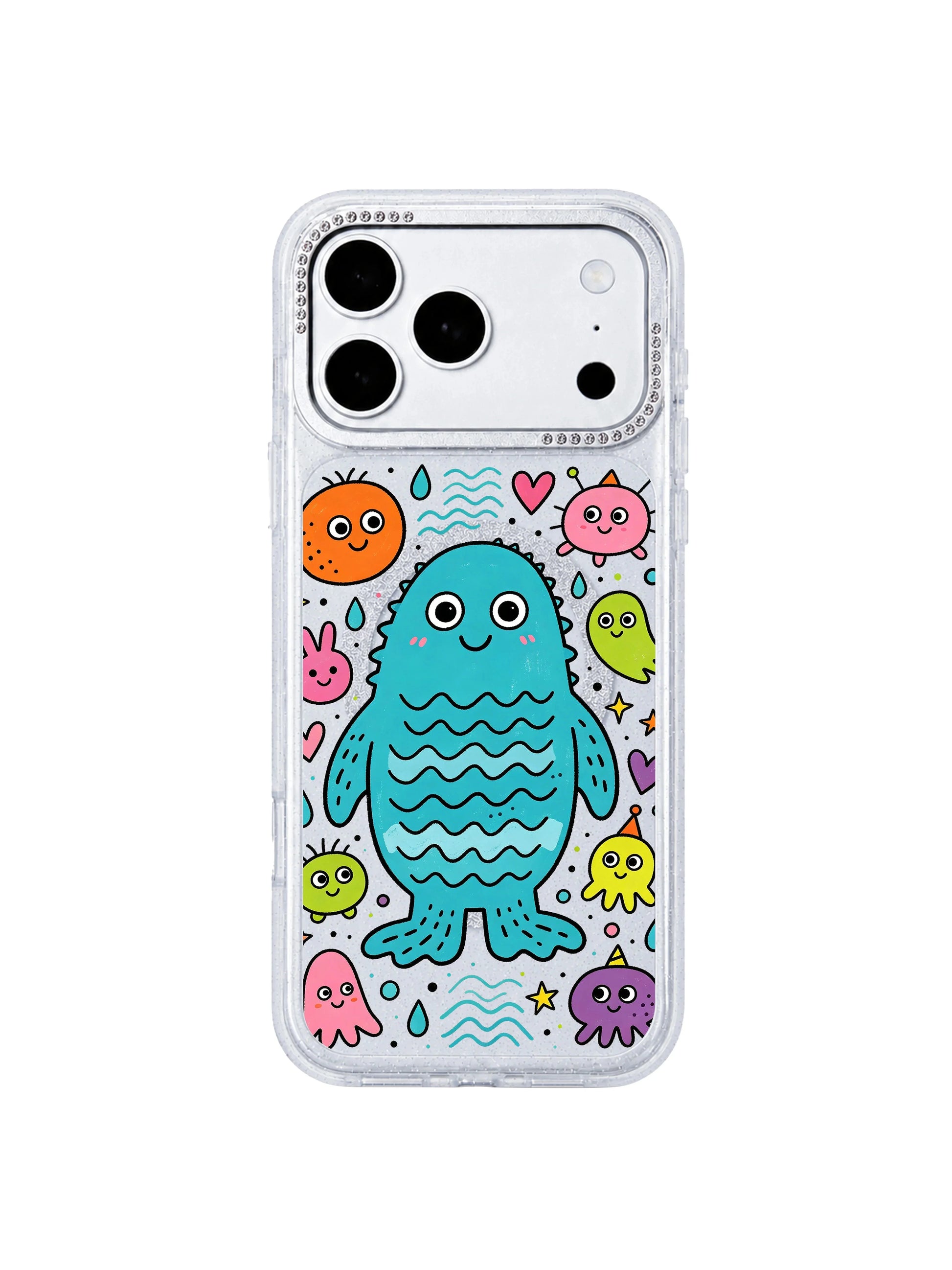 PhoneCasing side cutout close-up showing perfectly molded volume buttons, charging port and speaker grilles on Droplet Blue Sea Monster iPhone 17 Pro Max case, custom zero-loose tailored fit demo for the iPhone 17 Pro Max casing