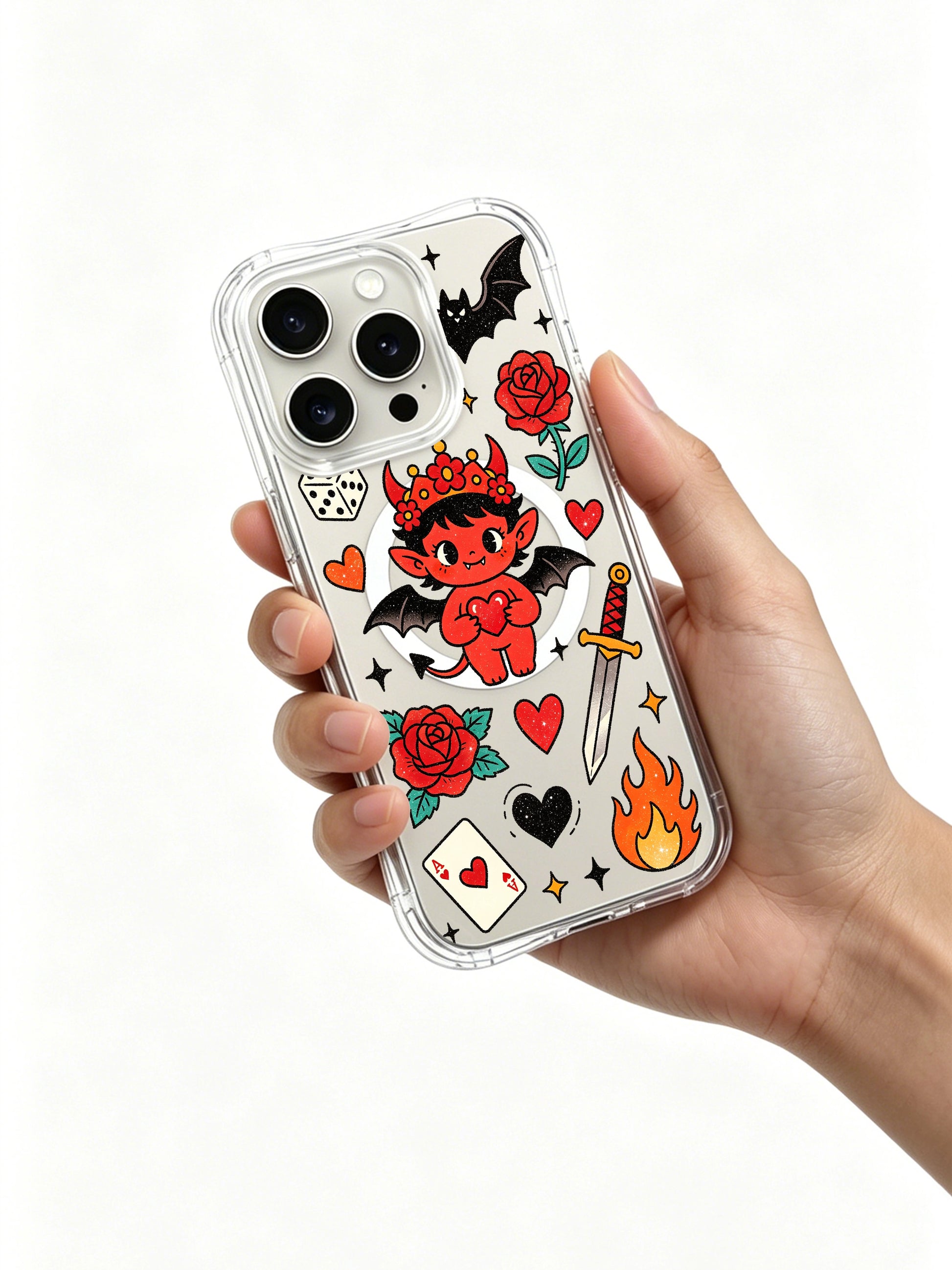 PhoneCasing iPhone 15 pro Case decorated with double heart ace cards around playful red devil, premium scratch-resistant art phone casing perfect for birthday gifts.