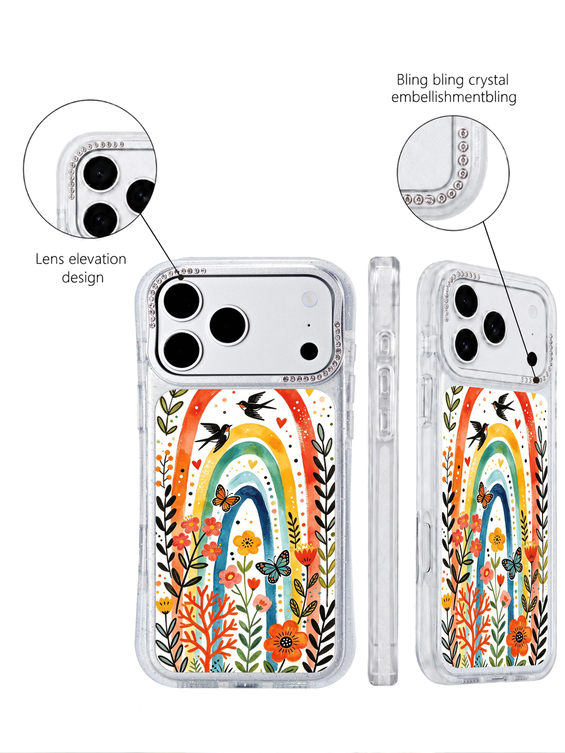 PhoneCasing dual-songbird wildlife iphone 17 pro Max casing collage shot, paired flying swallows gliding across tiered rainbow arches, multicolored butterflies and coordinated coral-toned botanical backdrops.