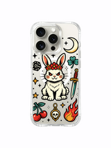 PhoneCasing iPhone 15 pro Case featuring two bottom cherry sets, offset dagger ornament, dark defiant lucky rabbit tattoo, durable USA-made clear protective iPhone 15 pro casing.