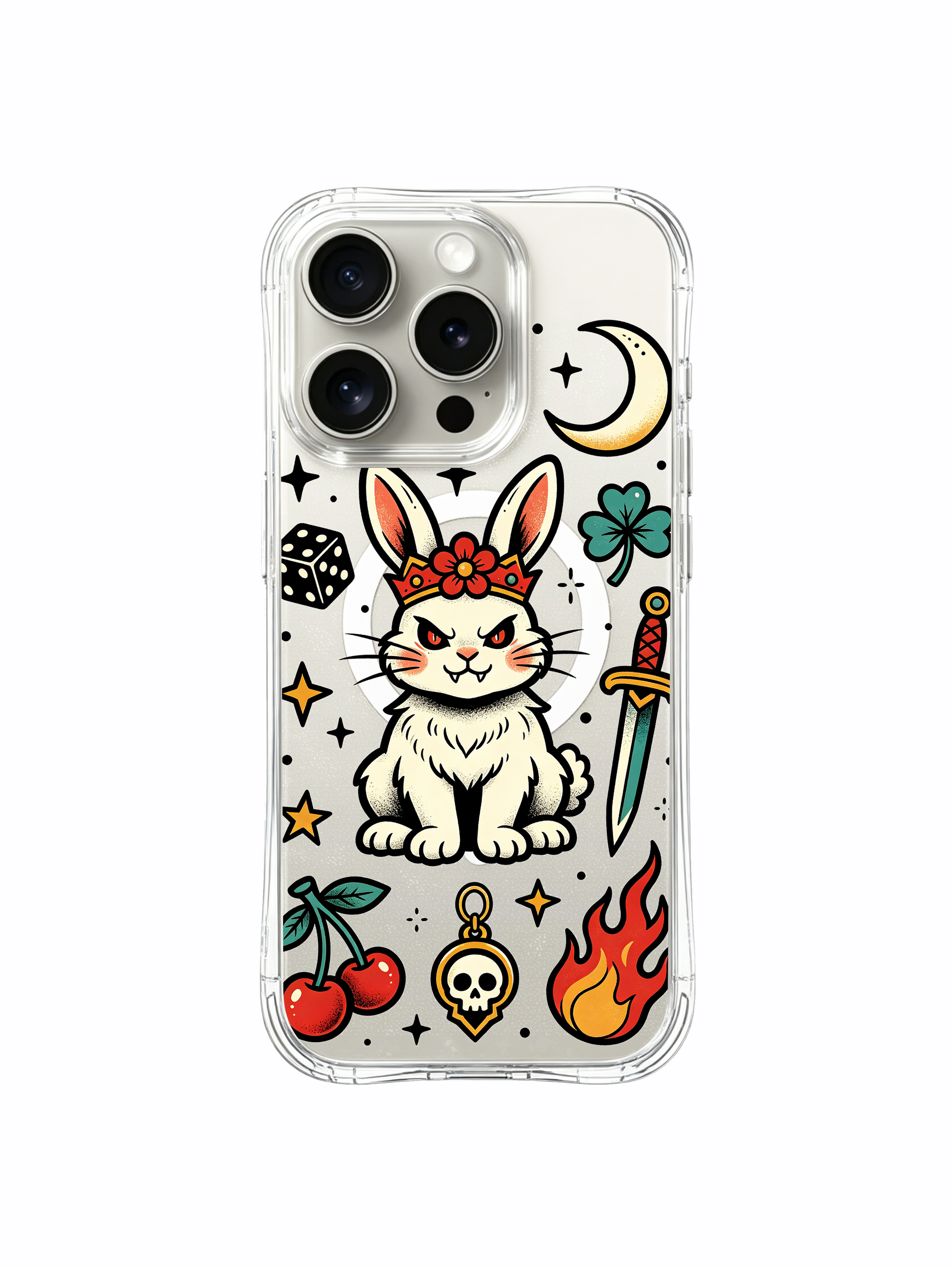 PhoneCasing iPhone 15 pro Case featuring two bottom cherry sets, offset dagger ornament, dark defiant lucky rabbit tattoo, durable USA-made clear protective iPhone 15 pro casing.