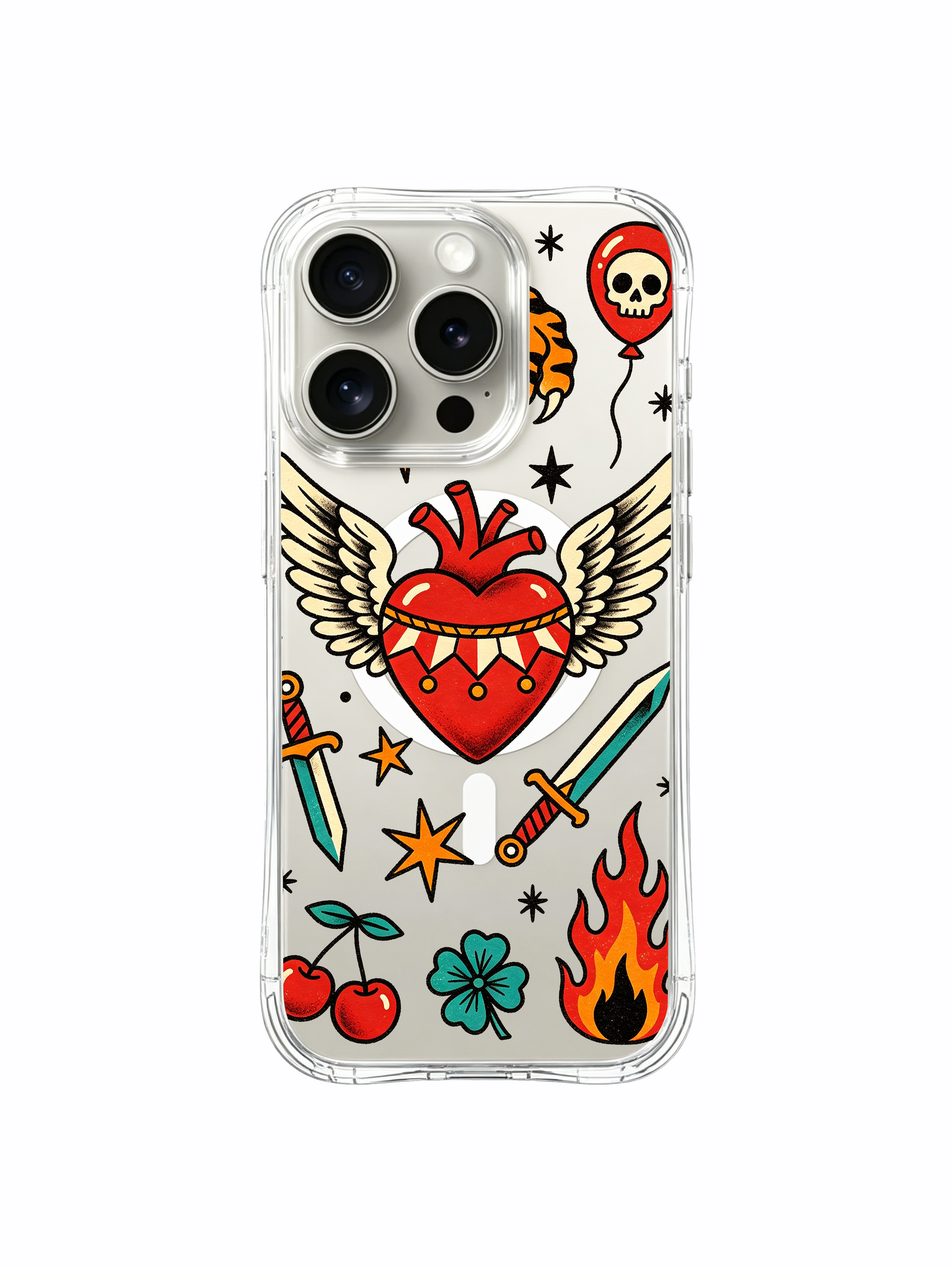 PhoneCasing iPhone 15 pro Case featuring two full bottom blooms, offset tiger claw ornament, dark vintage runaway heart tattoo, durable USA-made clear protective iPhone 15 pro casing.