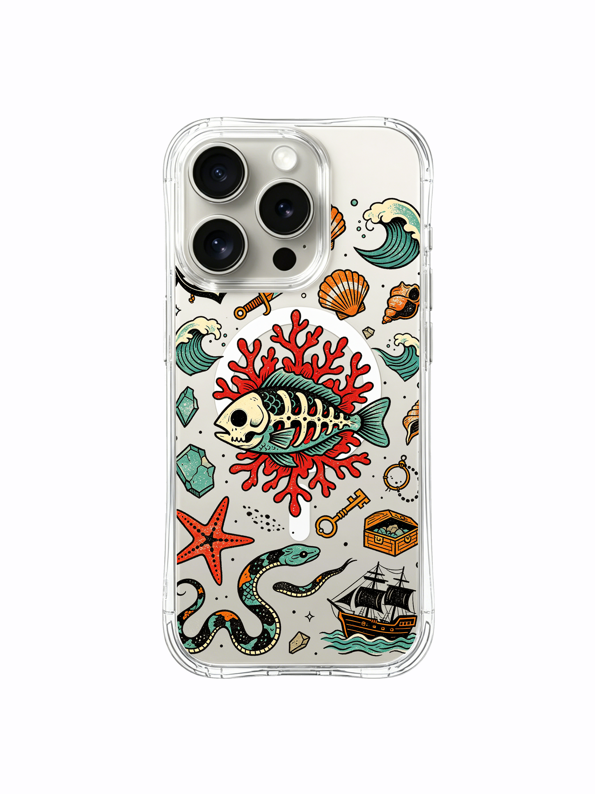 PhoneCasing iPhone 15 pro Case featuring two bottom oyster shells, scattered ocean rock shards beside coral garden skull fish, durable USA-made clear protective iPhone 15 pro casing.