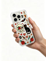 Skull and cat with broken hearts, candles and roses artwork on an iPhone 15 Pro case