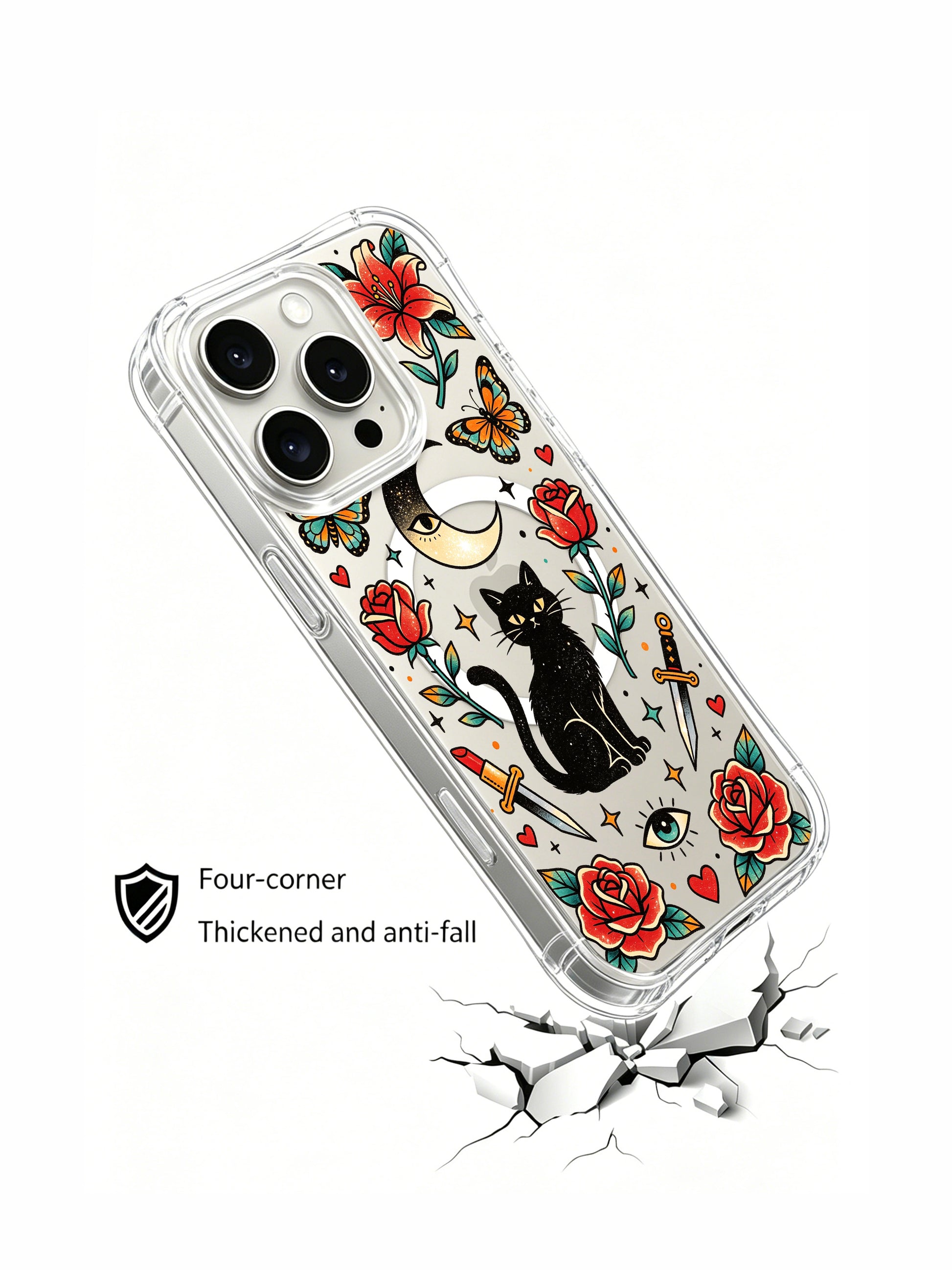 PhoneCasing iPhone 15 pro Case with twin colorful butterflies, offset single ornate dagger, seated occult black cat surrounded by full-bloom roses, scratch resistant clear protective iPhone 15 pro casing for everyday usage.
