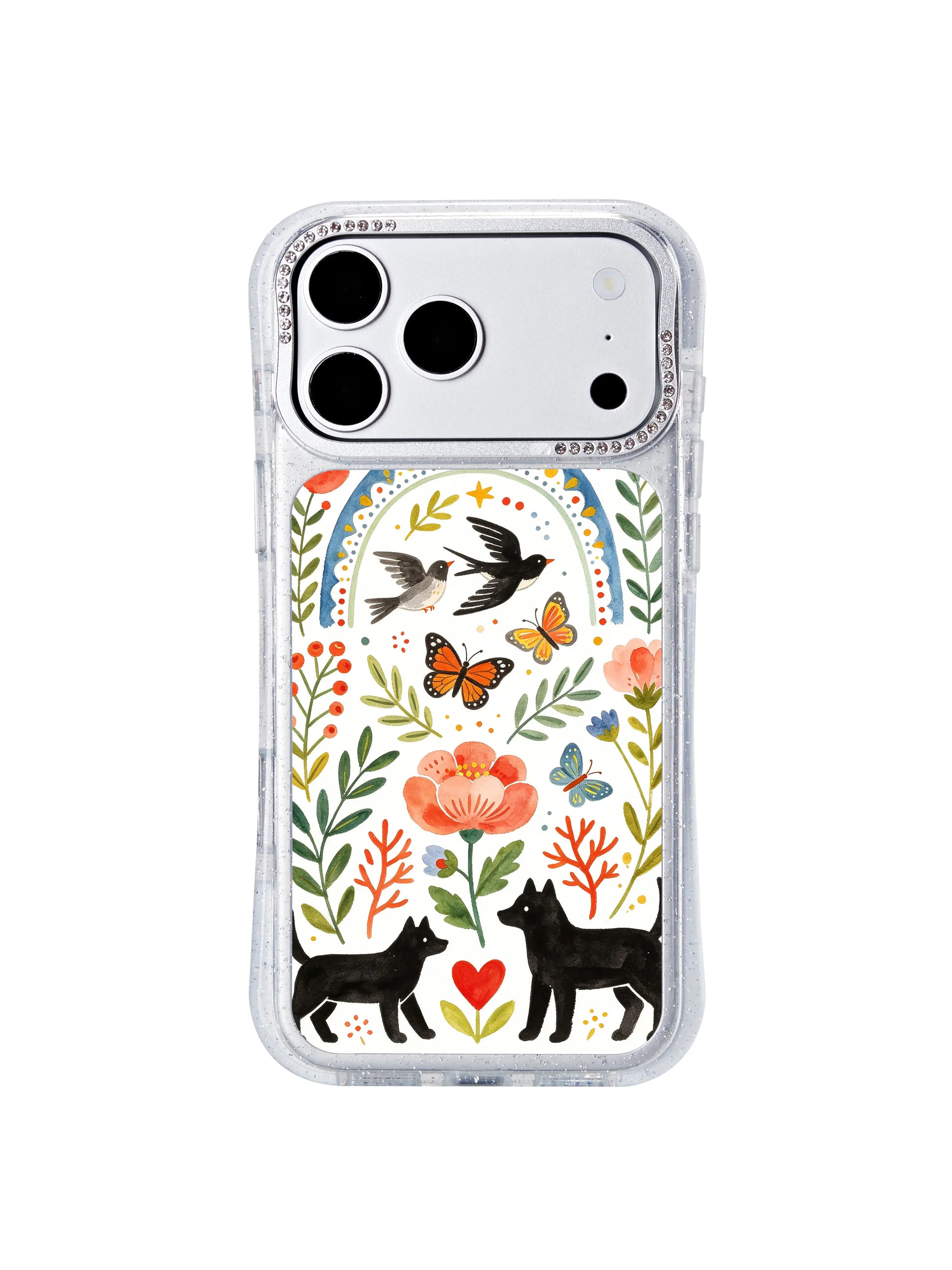 PhoneCasing scratch-resistant iphone 17 pro Max casing with dual wolf figures facing a heart beneath rainbow arches, intricate folk botanical patterns that stay vibrant for years of wear.