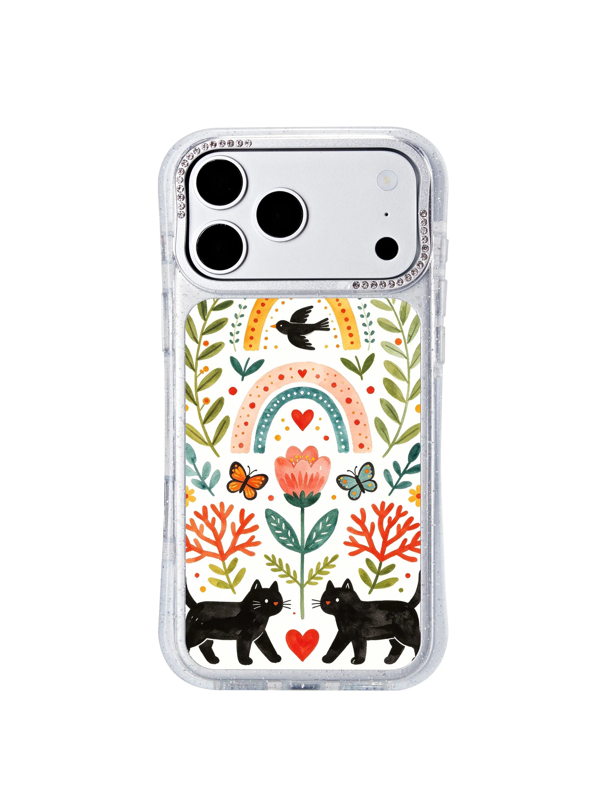 PhoneCasing California-produced iphone 17 pro Max casing featuring paired black cats beneath layered rainbow arches, vivid floral and butterfly details preserved with archival printing techniques.