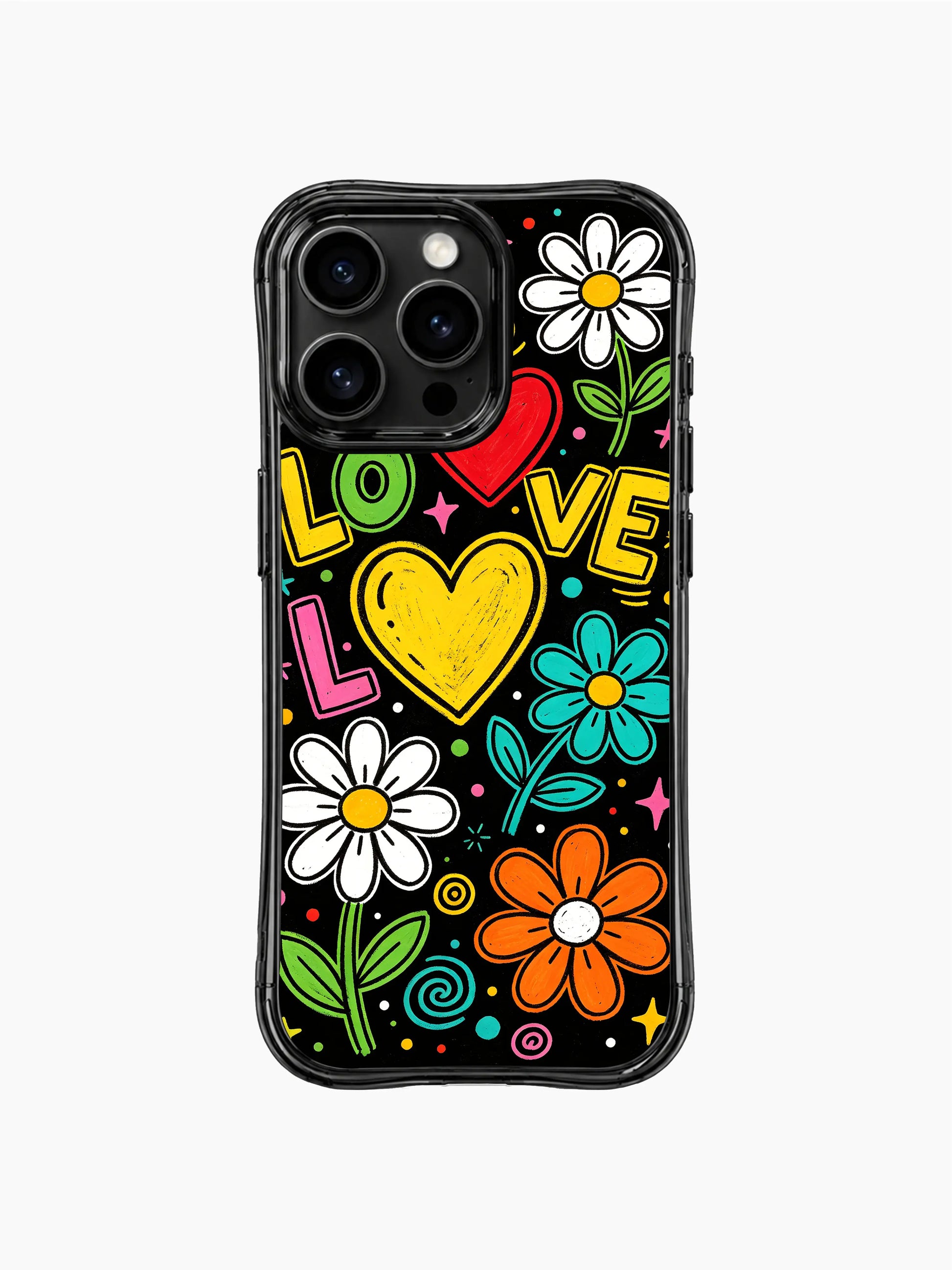 PhoneCasing iPhone 13 Pro Max case dual daisy motif: classic white daisies + full rainbow neon daisy blooms, mixed outlined solid hearts and multi-color LOVE lettering, soft glowing cottage street pop phone cover casing.