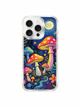 PhoneCasing iPhone 16 pro max Case, layered luxury illustrated casing splitting layout into giant central glowing rainbow amanita and tiny surrounding infant woodland mushrooms across rainbow wave meadow, premium California tailored wearable casing