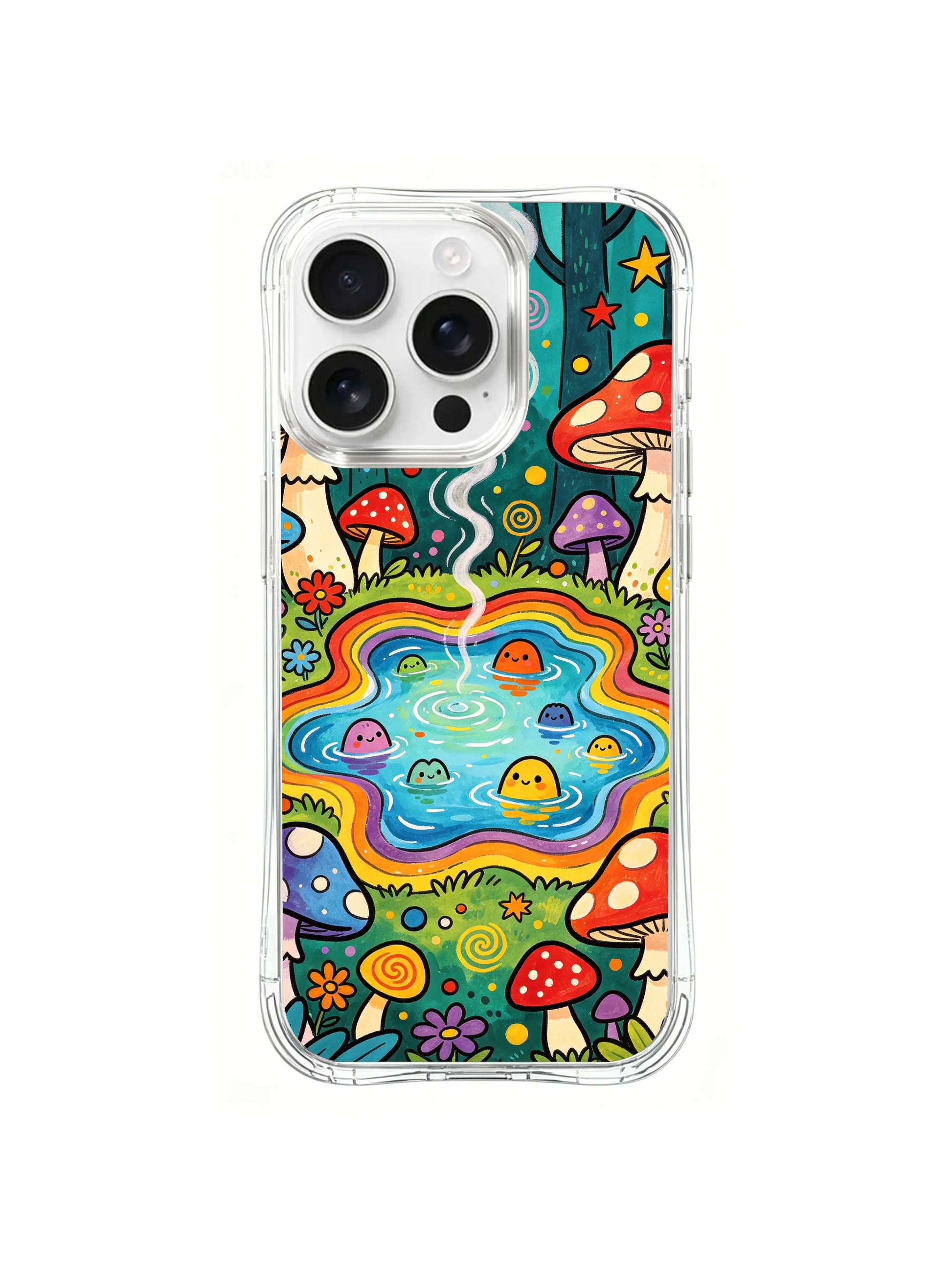 PhoneCasing iPhone 16 pro max Case, layered luxury illustrated casing splitting layout into oversized border amanita and tiny grass-level infant fungi encircling rainbow pond, premium California tailored wearable casing