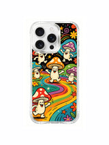 PhoneCasing iPhone 16 pro max Case, layered luxury illustrated casing splitting design into big rhythm-leading mushrooms and small spinning junior fungi across rainbow meadow, premium California tailored wearable casing