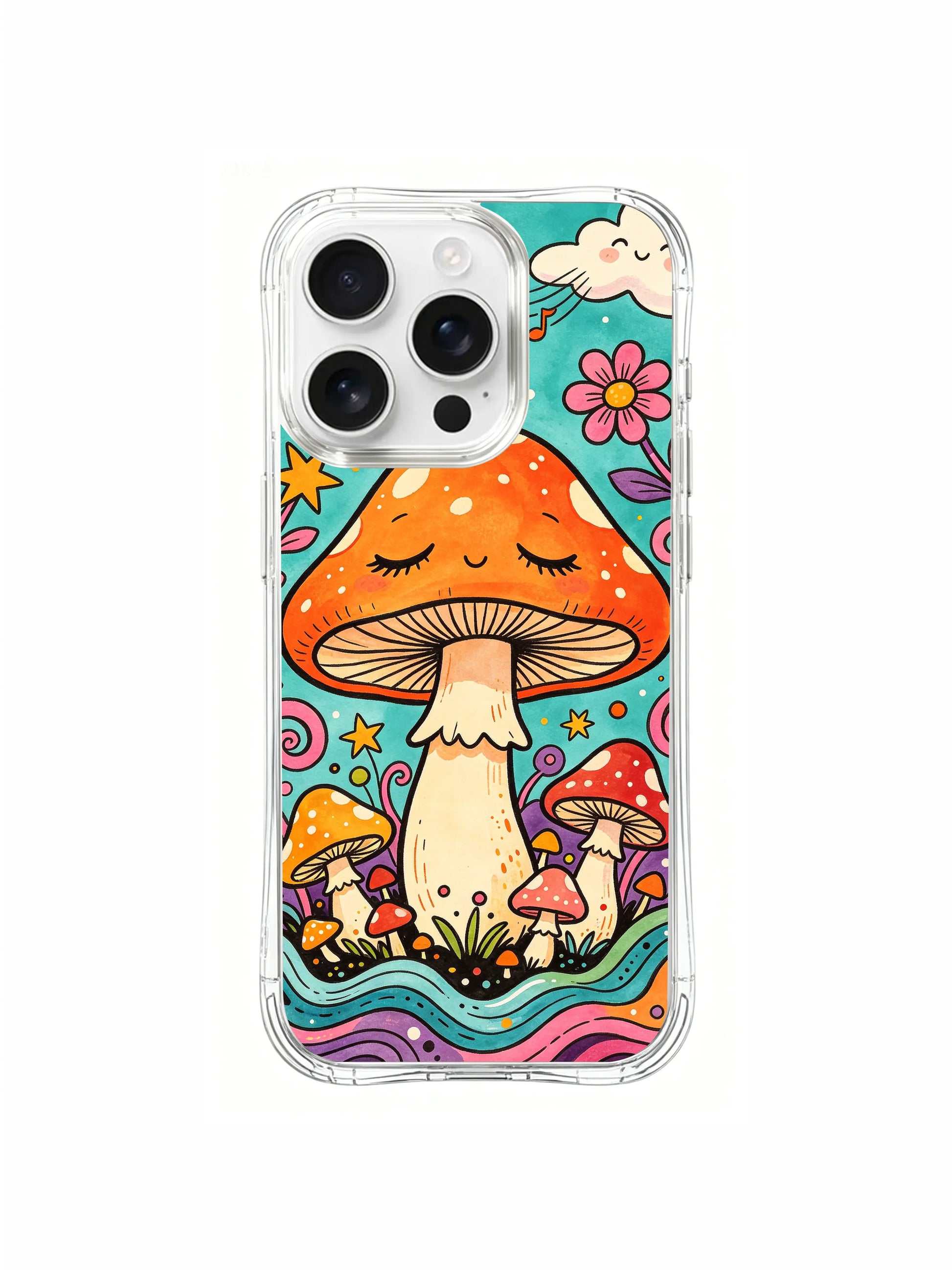 PhoneCasing iPhone 16 pro max Case, layered luxury illustrated casing splitting design into large dozing lead orange mushroom and small star-flower fungi across pastel dream meadow, premium California tailored wearable casing