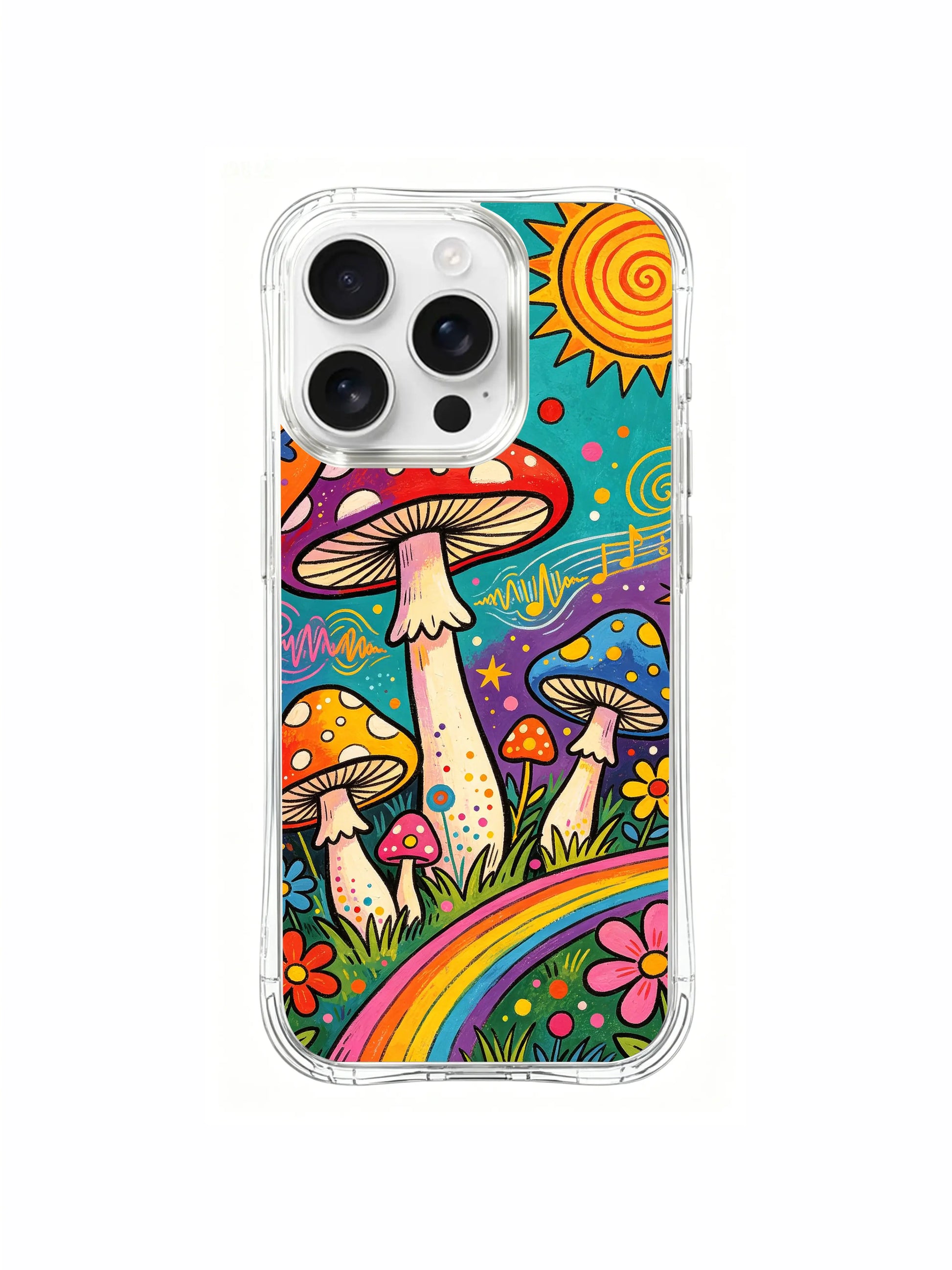 PhoneCasing iPhone 16 pro max Case, layered luxury illustrated casing split two-tier layout: top spiral clouds full of music notation, bottom sloped meadow lined with blooms and rainbow trail, custom tailored California art casing.