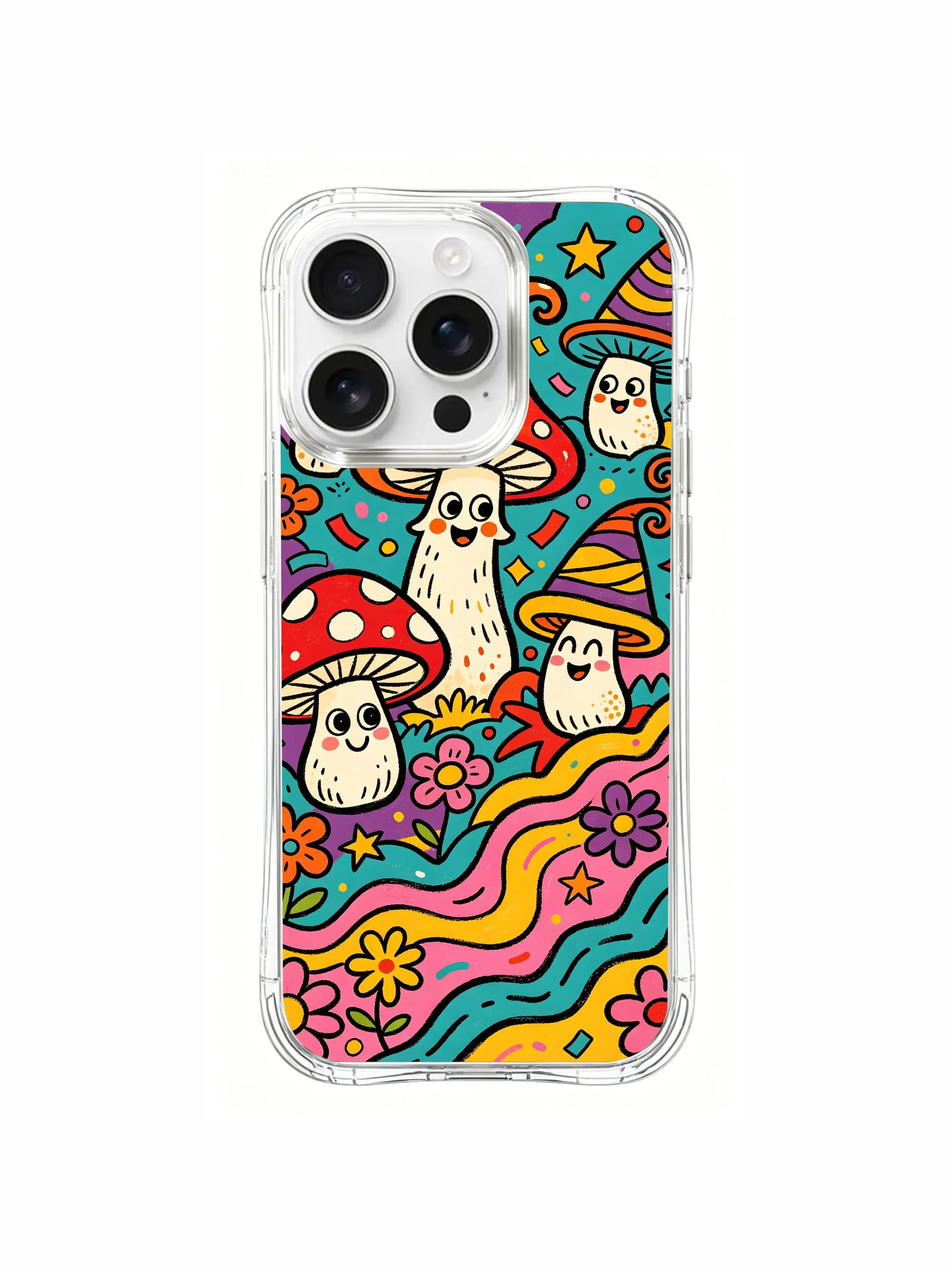 PhoneCasing iPhone 16 pro max Case, layered luxury illustrated casing split into two-tier layout: top frame for tall party-cap clown mushrooms, bottom sloped meadow lined with dense blooms, custom tailored California art casing.