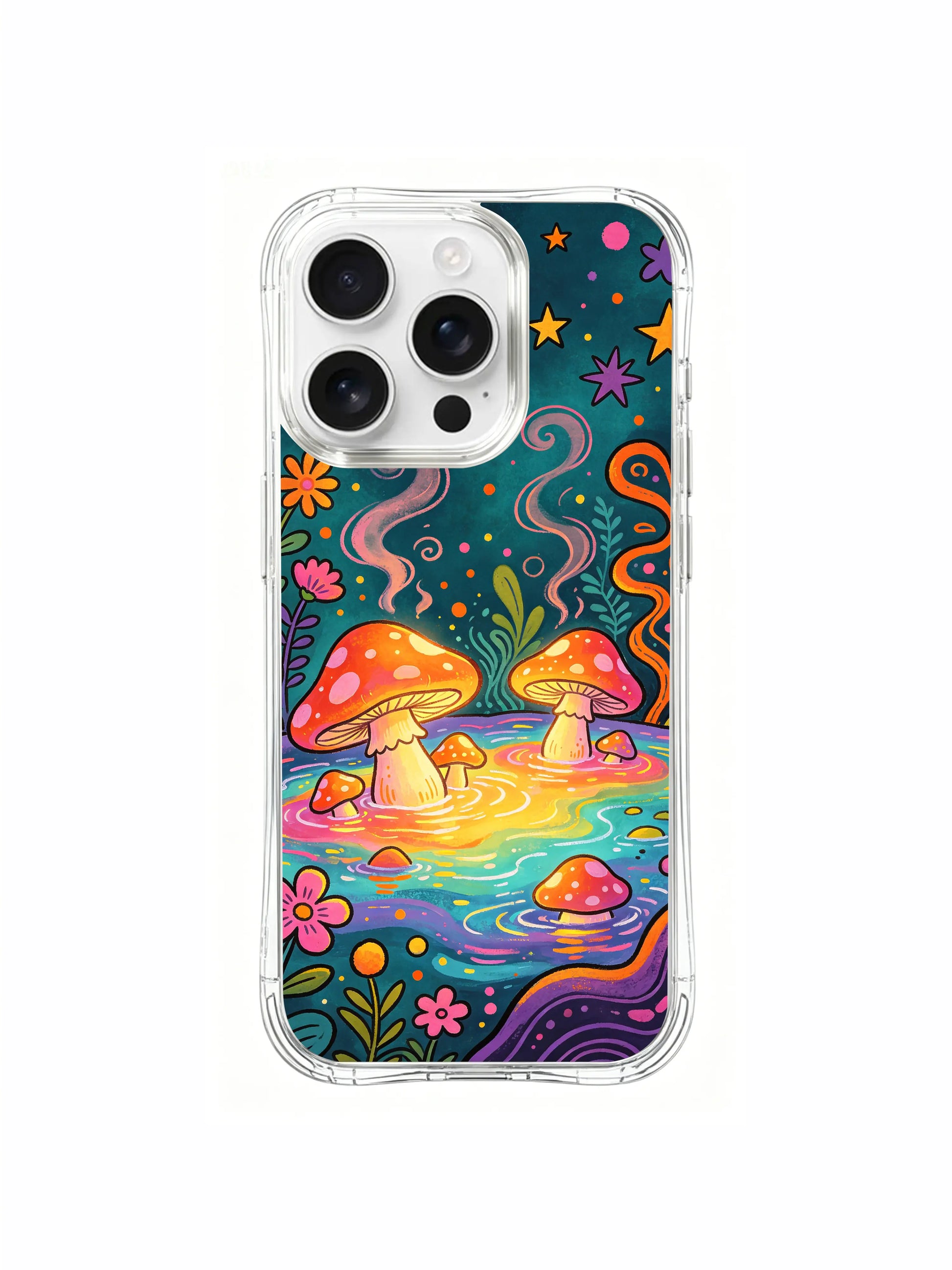 PhoneCasing iPhone 16 pro max Case, layered luxury illustrated casing split two-tier layout: top starry dark sky filled with curling mist clouds, bottom sloped hot spring bank lined with wild blooms, custom tailored California art casing.