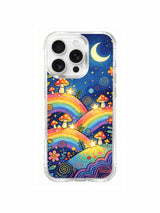 Crescent sky above a rainbow floral valley artwork on an iPhone 16 Pro Max case