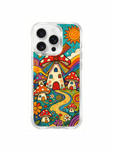 PhoneCasing iPhone 16 pro max Case, layered luxury illustrated casing split two-tier layout: top warm sun & fluffy cloud sky, lower rainbow valley filled with blooming flowers and full mushroom windmill settlement, custom fitted California art casing.