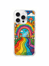 PhoneCasing iPhone 16 pro max Case, layered luxury illustrated casing split into dual scene layout: upper sky with spiral sun & scattered stars, lower sloped meadow filled with clustered spotted mushrooms and full-bloom sunflowers, custom tailored California casing.