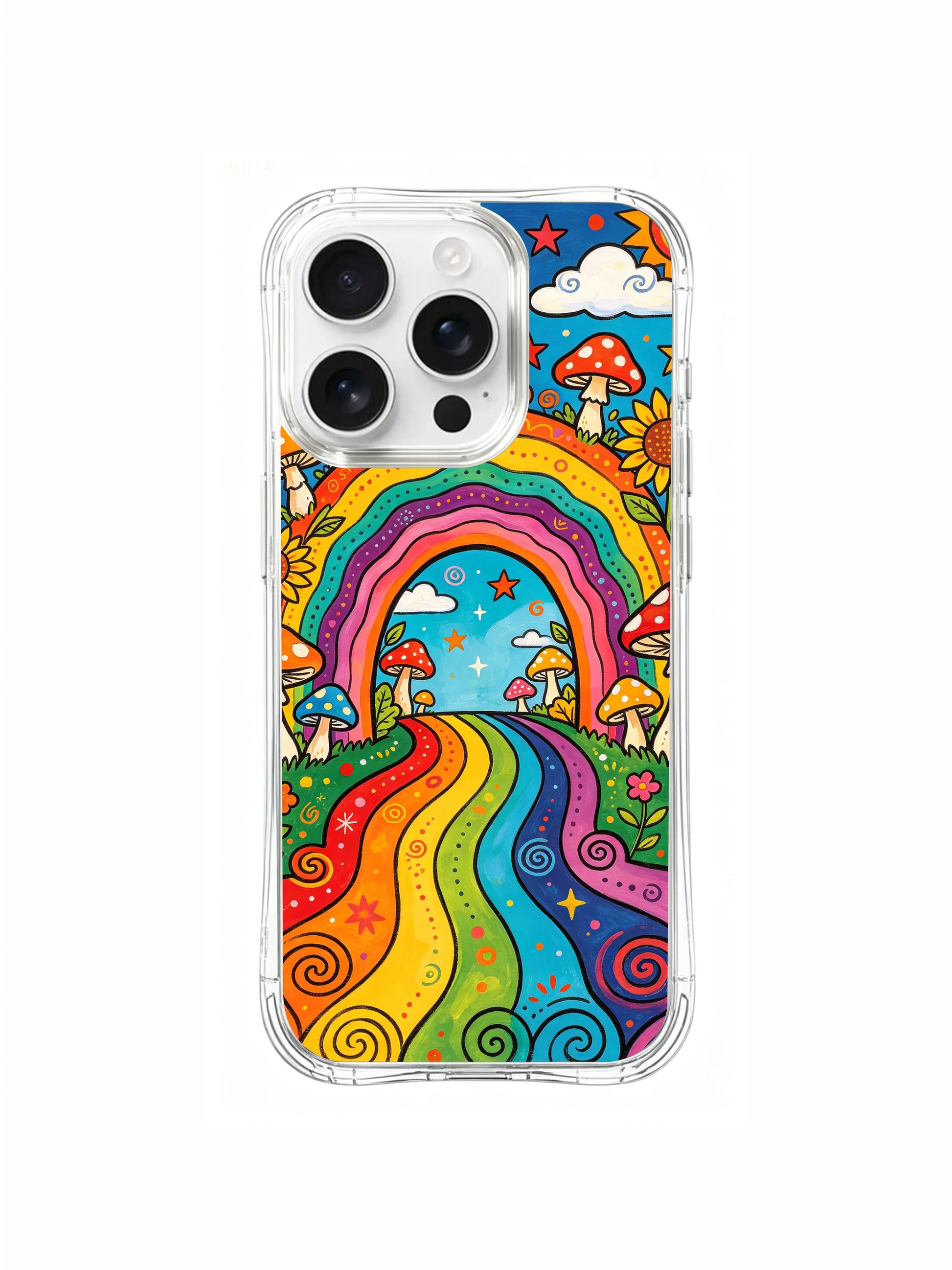 PhoneCasing iPhone 16 pro max Case, layered luxury illustrated casing split into dual scene layout: upper sky with spiral sun & scattered stars, lower sloped meadow filled with clustered spotted mushrooms and full-bloom sunflowers, custom tailored California casing.