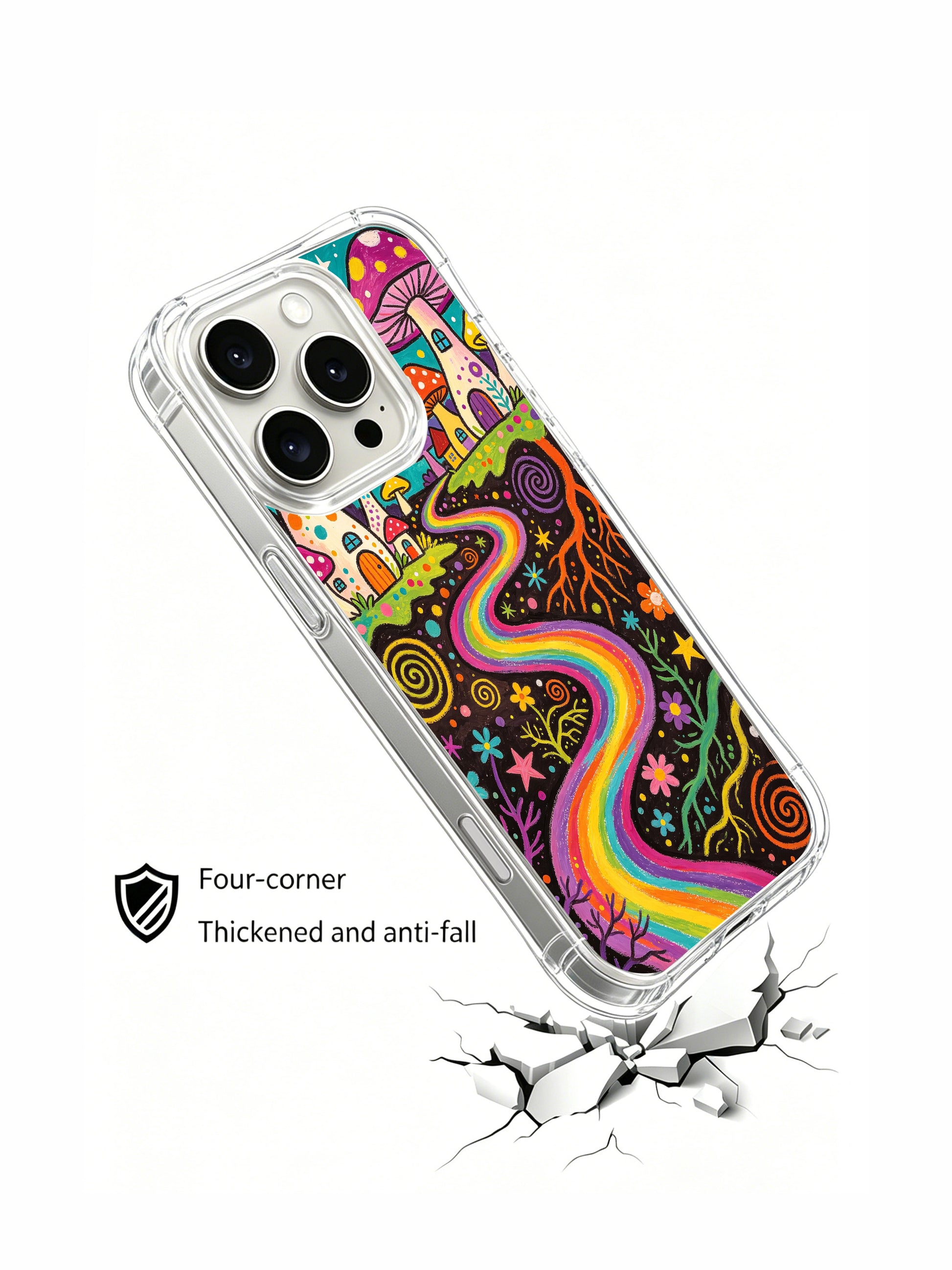 PhoneCasing iPhone 16 pro max Case, four-corner anti-drop bespoke casing splitting upper meadow mushroom village and underground root highway, vivid crayon folk print, premium USA protective art casing.