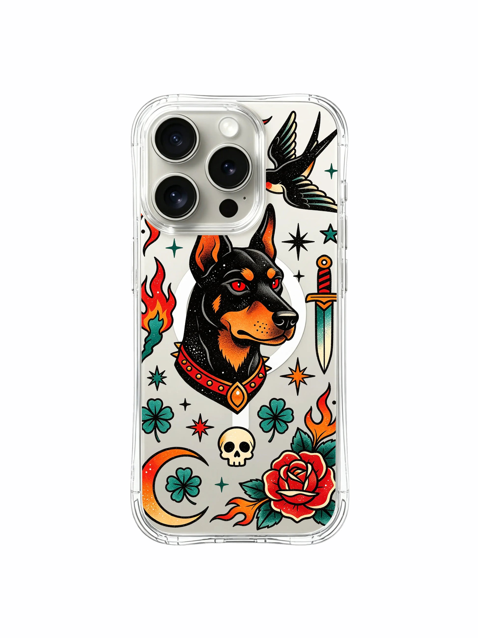 PhoneCasing iPhone 15 pro Case with dual side red rose traditional tattoo doberman design, high-quality luxury fine art casing for iPhone 15 pro daily protection.