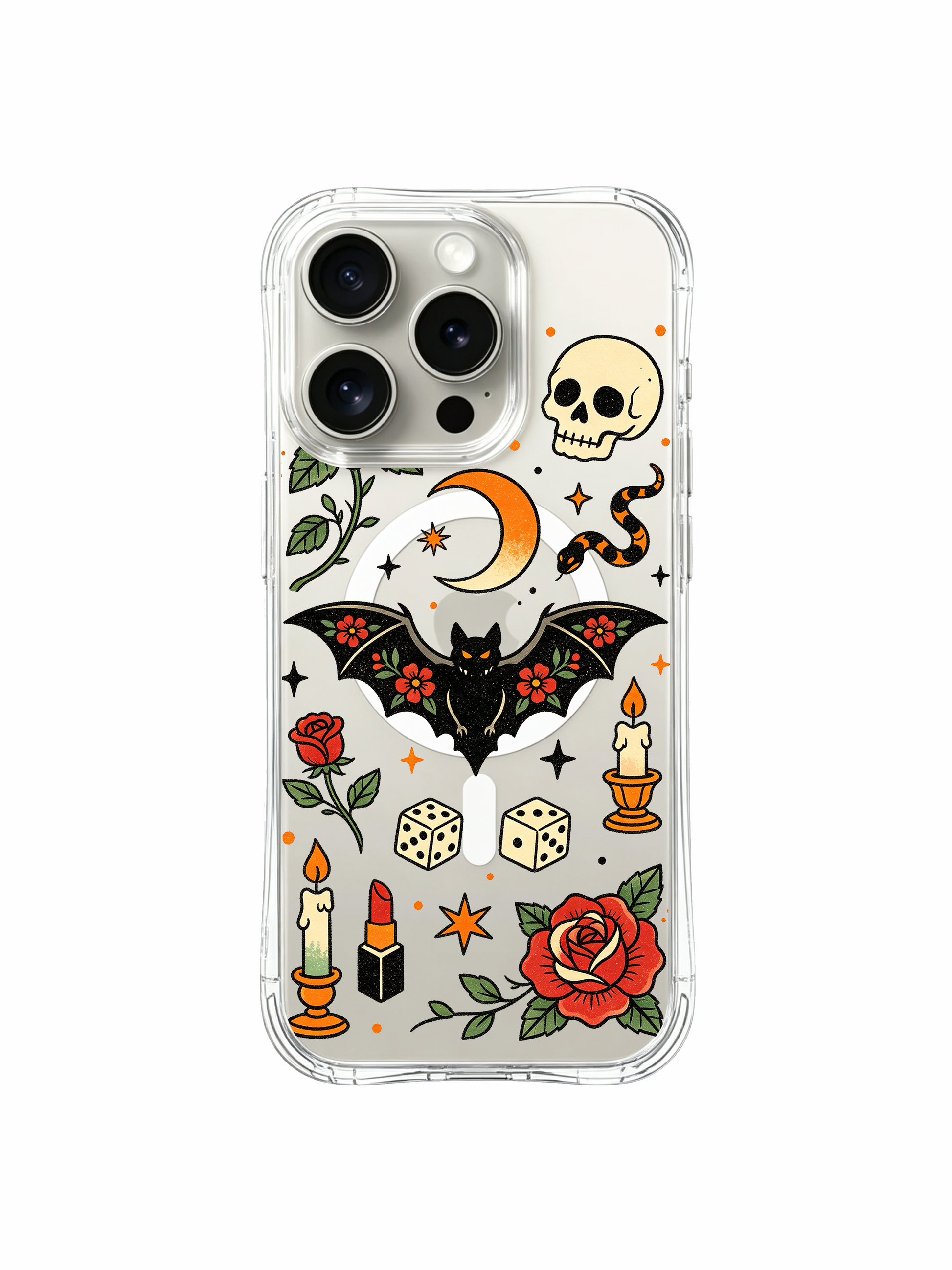 PhoneCasing iPhone 15 pro Case featuring two full roses at bottom, side skull ornament, coiled dark snake and vintage goth bat tattoo, durable USA-made clear protective iPhone 15 pro casing.