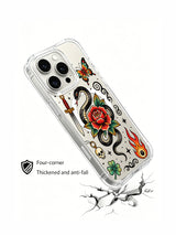 Black snake with two roses and butterflies artwork on an iPhone 15 Pro case