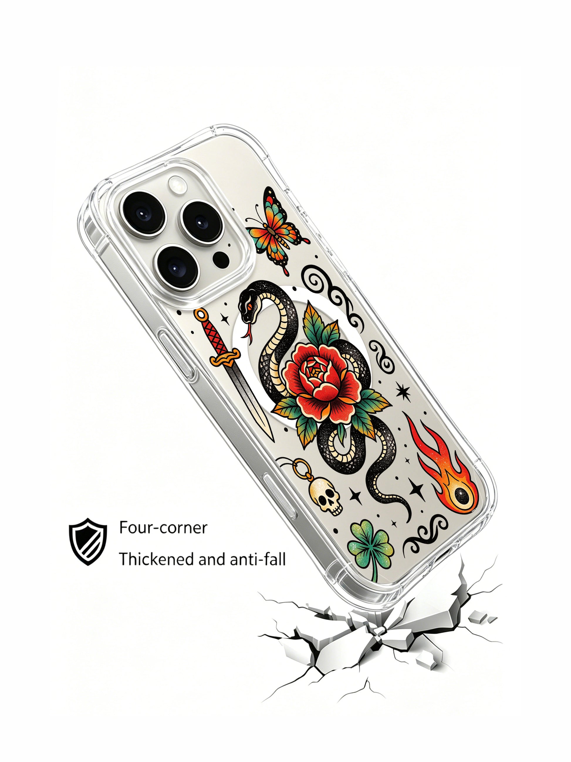 PhoneCasing iPhone 15 pro Case with twin red roses wrapped by speckled black snake, dual colorful butterflies and clover accent, fade-proof archival printed wearable fine art casing.