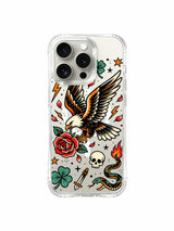 Eagle with clovers, snake, skull and red rose artwork on an iPhone 15 Pro case