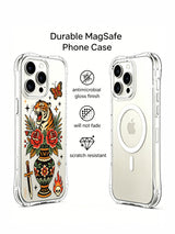 PhoneCasing iPhone 15 pro Case showcasing twin symmetric daggers, mystic all-seeing eye graphic, roaring tiger popping from decorated vase, UV-printed wearable art phone casing ideal as women’s gift.