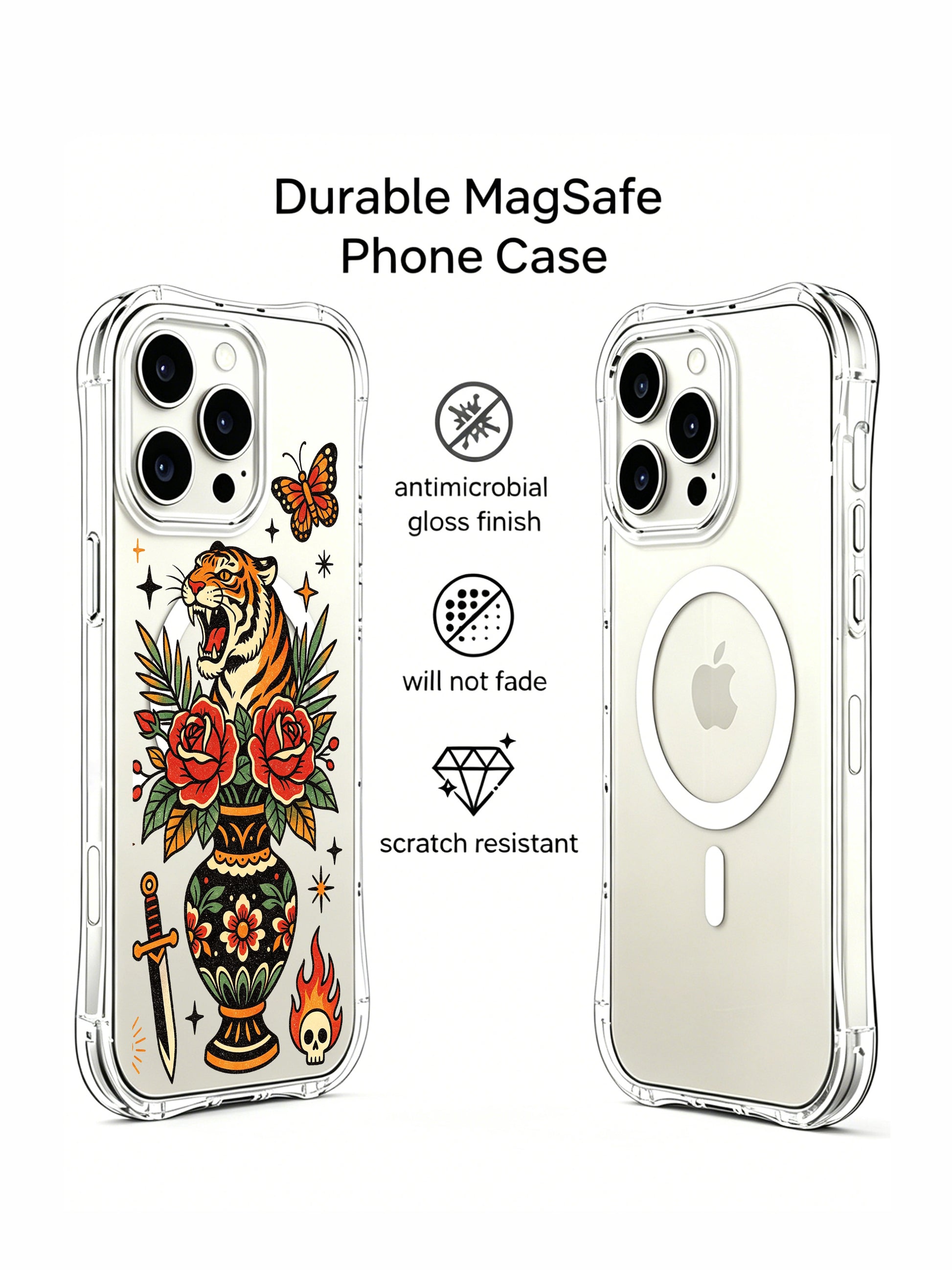 PhoneCasing iPhone 15 pro Case showcasing twin symmetric daggers, mystic all-seeing eye graphic, roaring tiger popping from decorated vase, fade proof wearable art phone casing ideal as women’s gift.