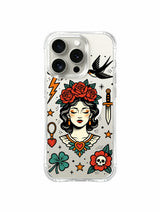 Storm woman with two red blooms and side stars artwork on an iPhone 15 Pro case