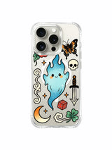 Blue ghost with two red blooms and swirling smoke artwork on an iPhone 15 Pro case