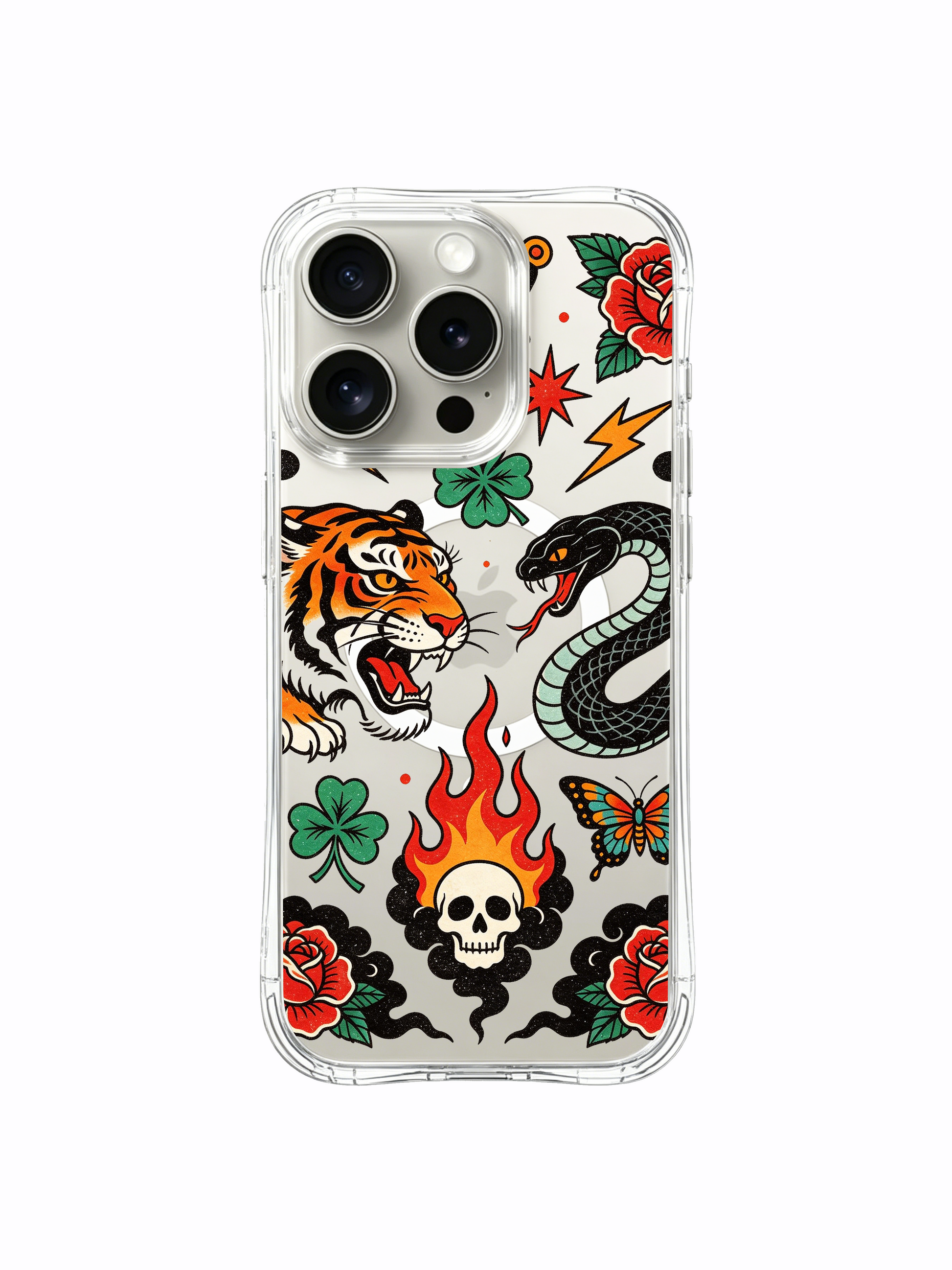 PhoneCasing iPhone 15 pro Case featuring two side red rose clusters, offset black smoke cloud beside opposing tiger and serpent, durable USA-made clear protective iPhone 15 pro casing