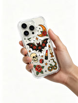 Floral bat with flame, snake, roses and stars artwork on an iPhone 15 Pro case