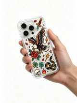 Eagle with flaming snake, roses and stars artwork on an iPhone 15 Pro case